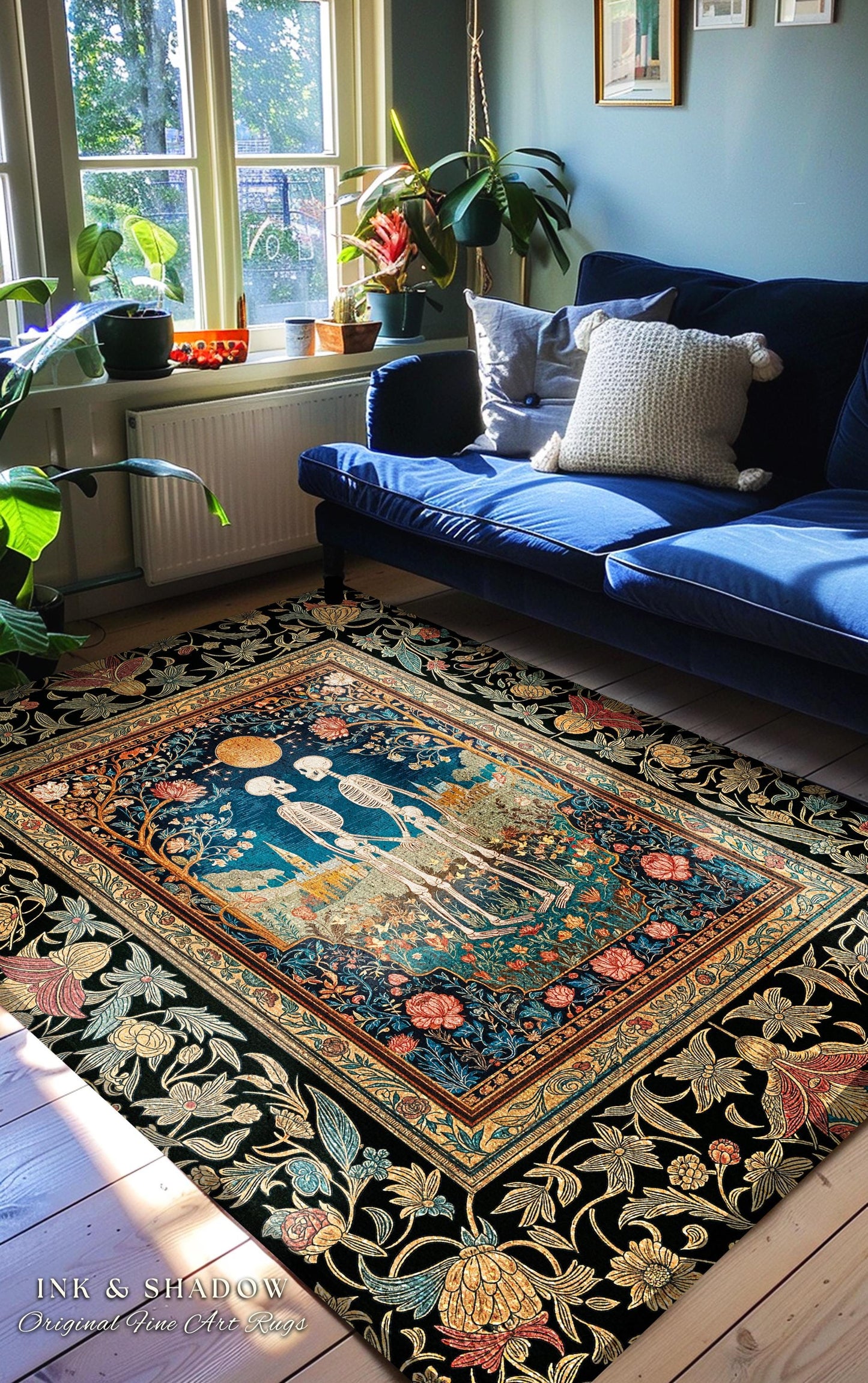 Cute Romantic Skeleton Gothic Rug | Autumnal Florals Dark Academia Fairytale Castle Dark Magic Accent Baroque Cottagecore Lovers Whimsical