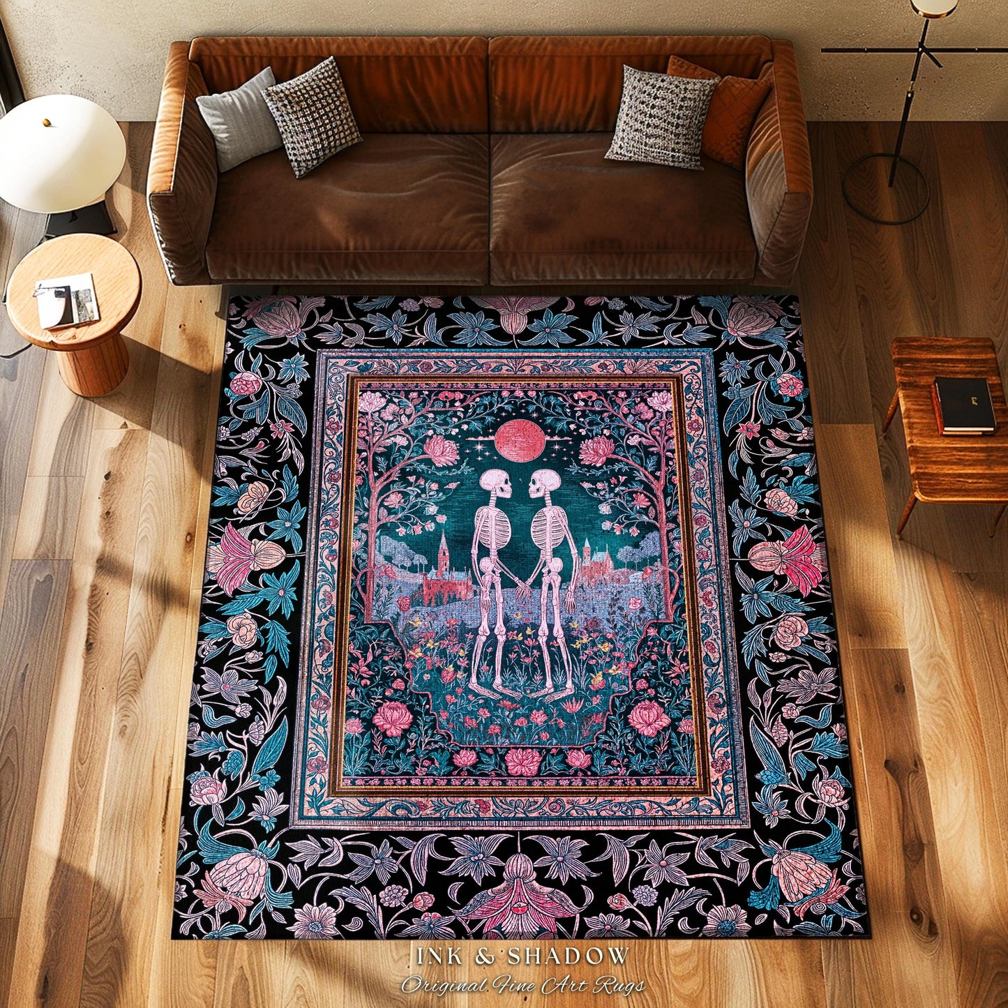 Rosy Royal Haunted Garden Lovers Rug | Whimsigothic Romance Spooky Season Floral Fantasy Dark Academia Baroque Witchy Cottagecore Aesthetic