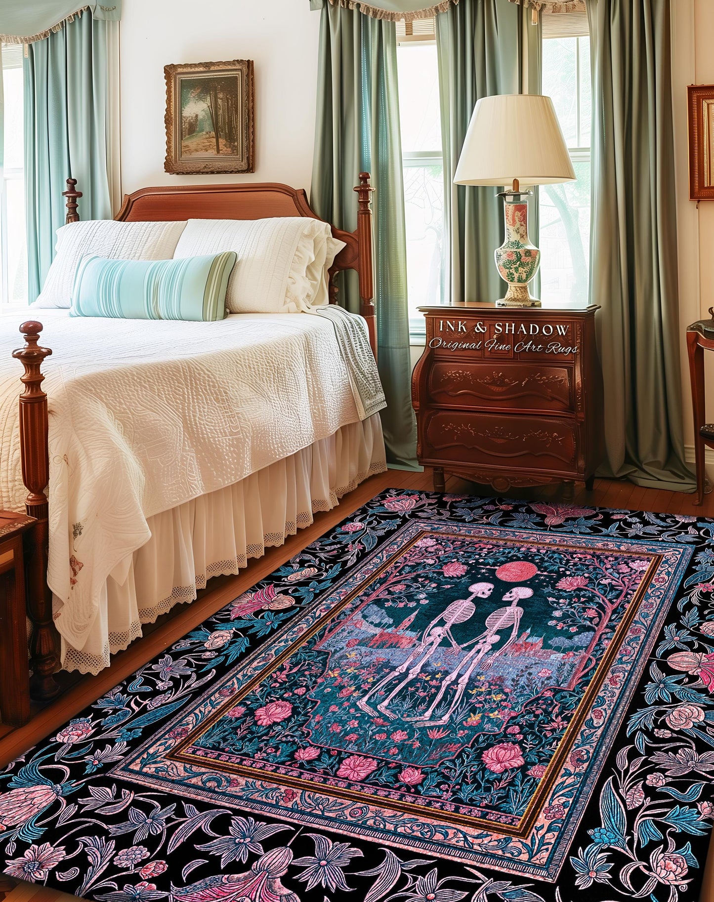 Rosy Royal Haunted Garden Lovers Rug | Whimsigothic Romance Spooky Season Floral Fantasy Dark Academia Baroque Witchy Cottagecore Aesthetic