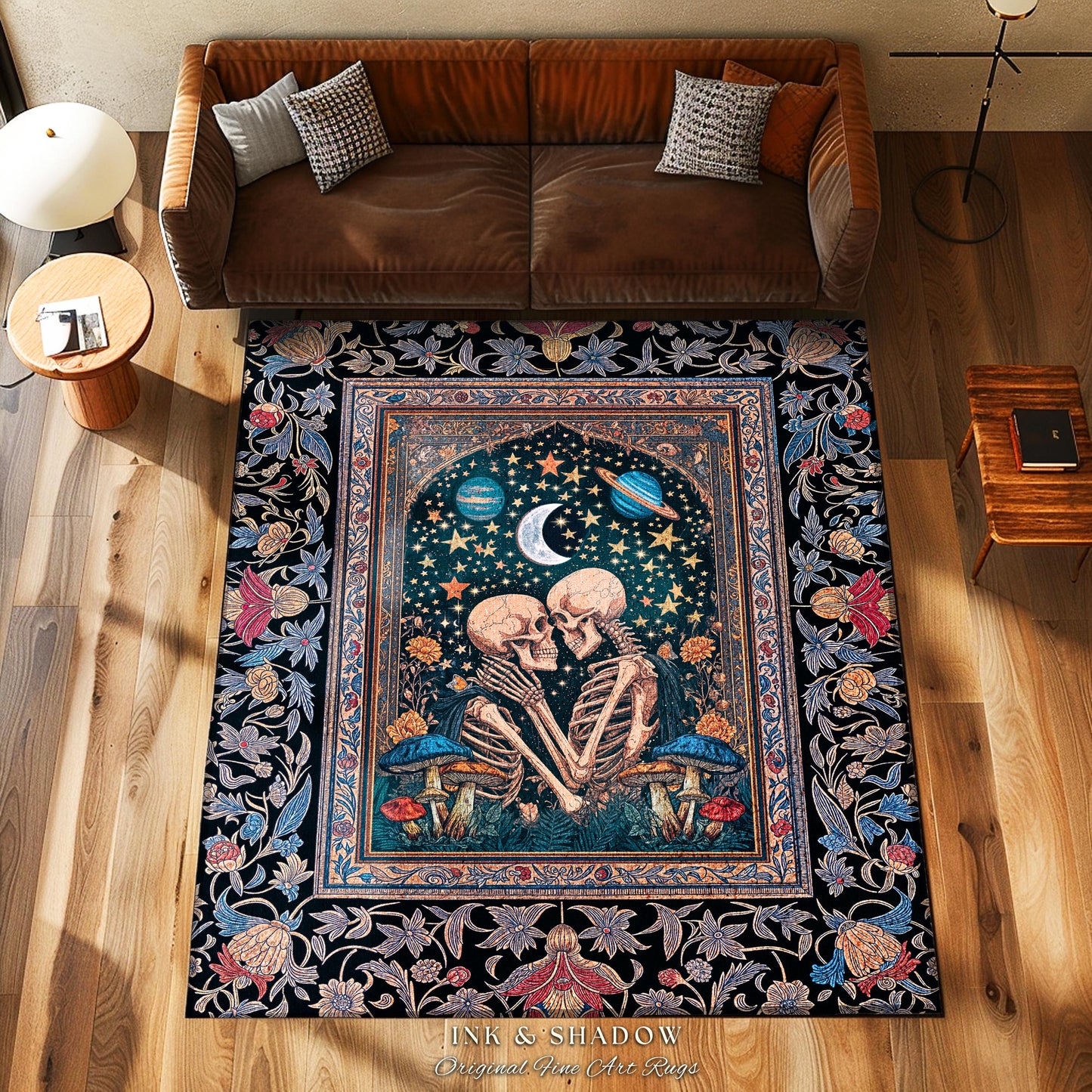 Gothic Skeleton Lovers Dreamy Rug | Celestial Moonlight Night Sky Baroque Fairytale Magic Whimsical Mystic Witch Gothic Bedroom Accent Decor
