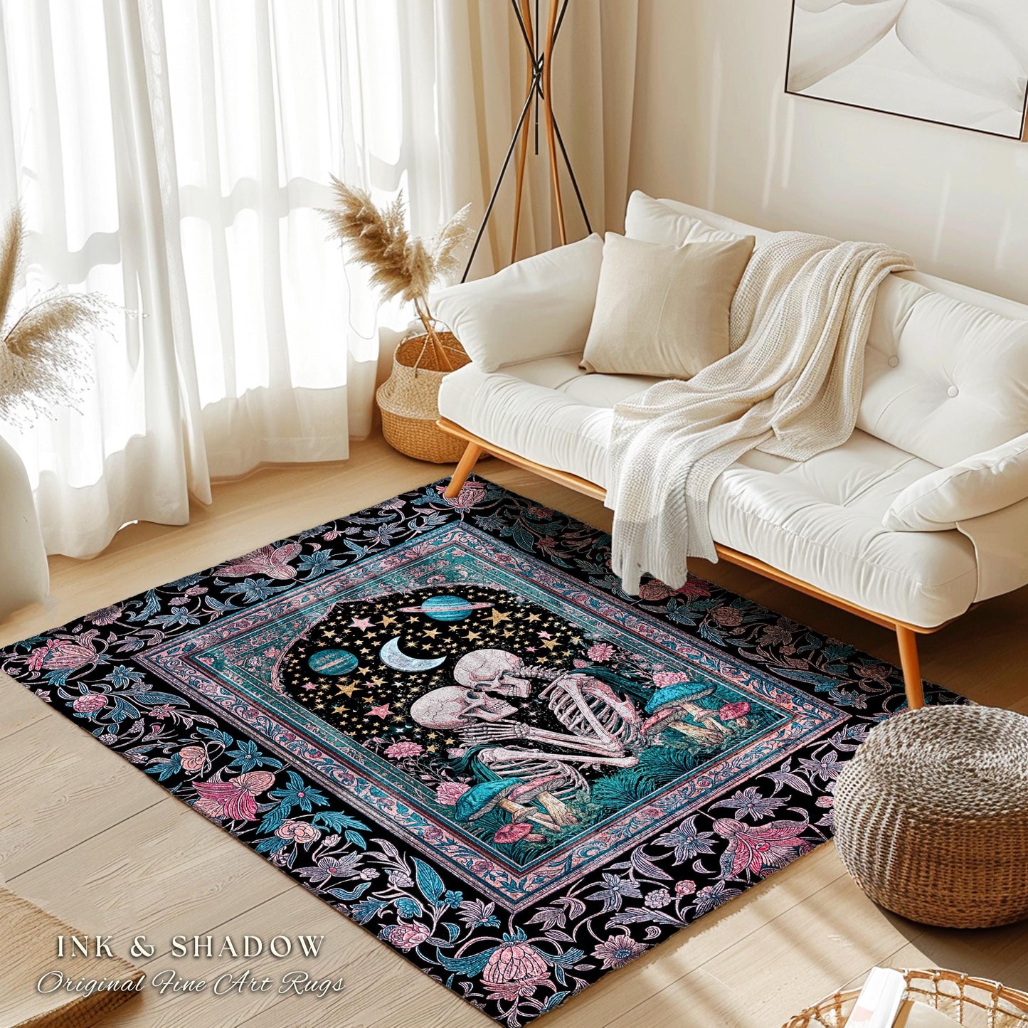 Galactic Skeleton Couple Area Rug | Maximalist Gothic Bedroom Accent Enchanted Fairytale Celestial Moonlit Magic Baroque Romantic Dreamy |