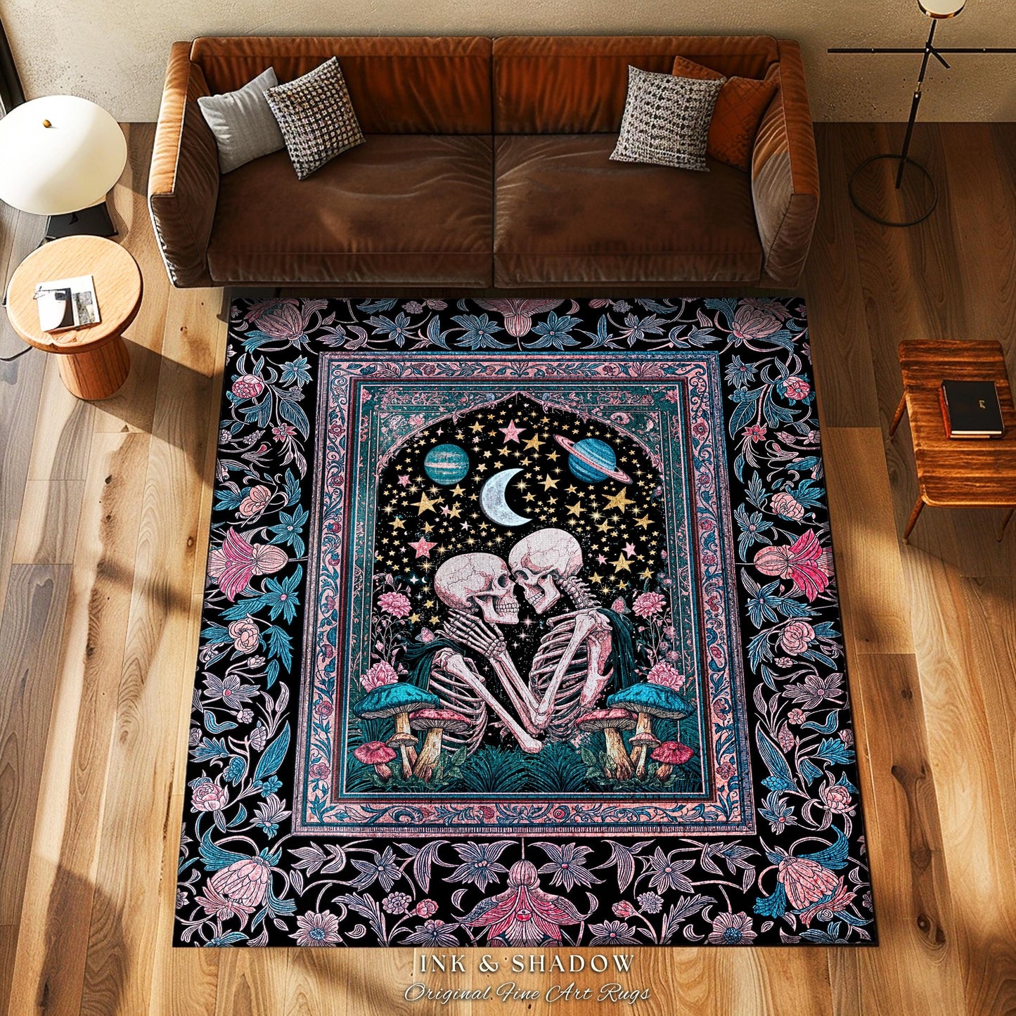 Galactic Skeleton Couple Area Rug | Maximalist Gothic Bedroom Accent Enchanted Fairytale Celestial Moonlit Magic Baroque Romantic Dreamy |