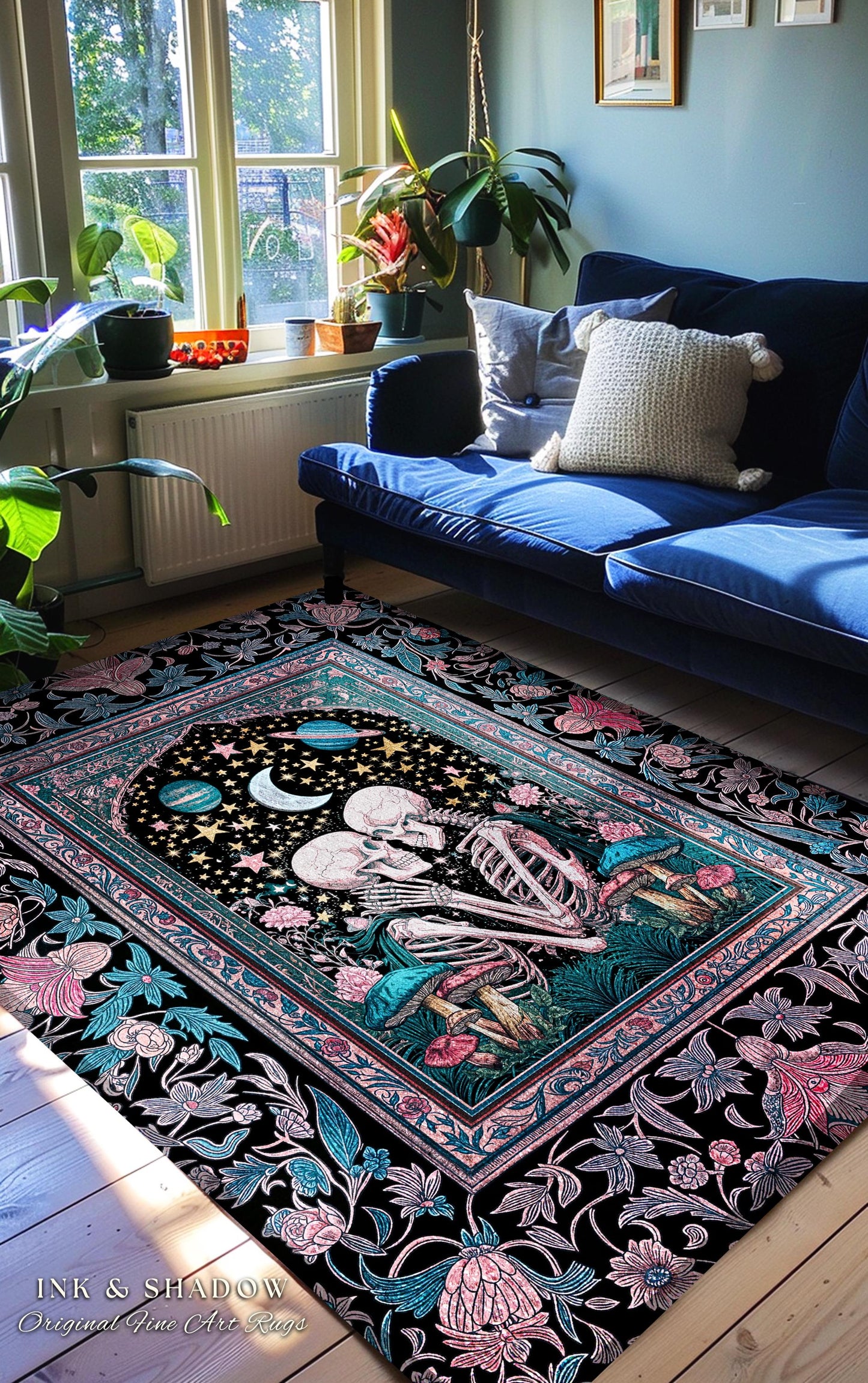 Galactic Skeleton Couple Area Rug | Maximalist Gothic Bedroom Accent Enchanted Fairytale Celestial Moonlit Magic Baroque Romantic Dreamy |