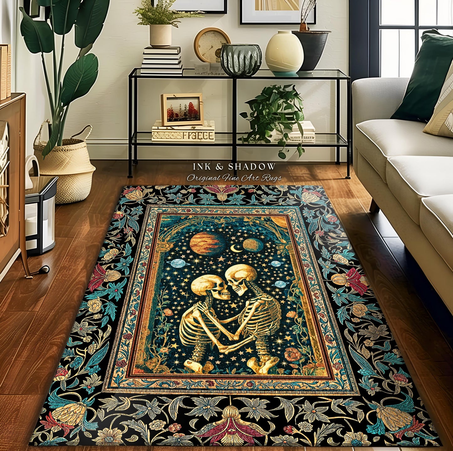 Enchanted Moonlit Skeleton Area Rug | Whimsical Baroque Macabre Couple Accent Rug Celestial Gothic Romance Whimsical Bedroom Enchantment |
