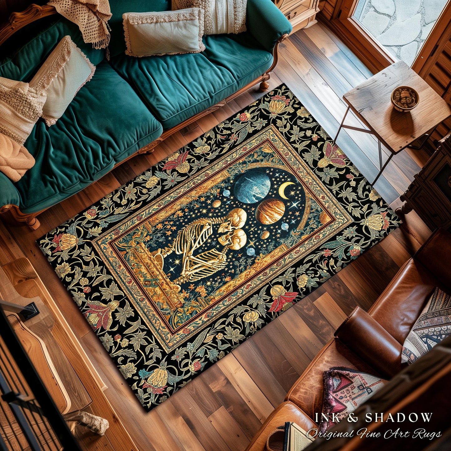 Skeleton Embrace Cosmic Accent Rug | Celestial Fantasy Bedroom Decor Baroque-Inspired Gothic Mystic Enchanted Macabre Couple Romance Cosmic