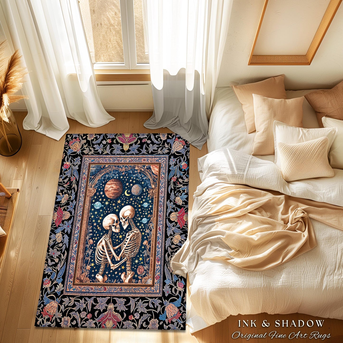 Moody Starlit Skeleton Lovers Area Rug | Starry Celestial Macabre Gothic Fantasy Romantic Sky Bedroom Accent Mystic Twilight Tarot Aesthetic
