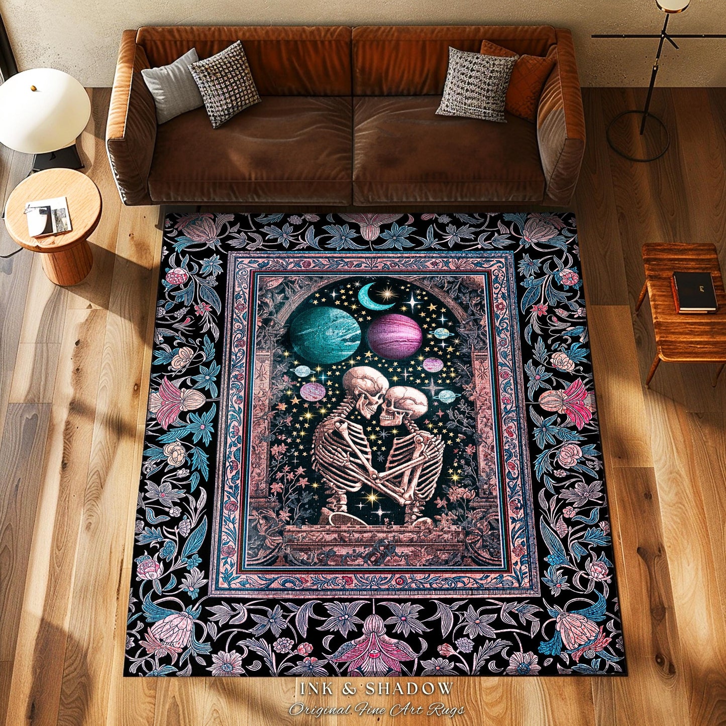 Galaxy Aesthetic Skeleton Couple Area Rug | Ethereal Universe Maximalist Macabre Pastel Whimsical Fantasy Bedroom Accent Boho Celestial Sky