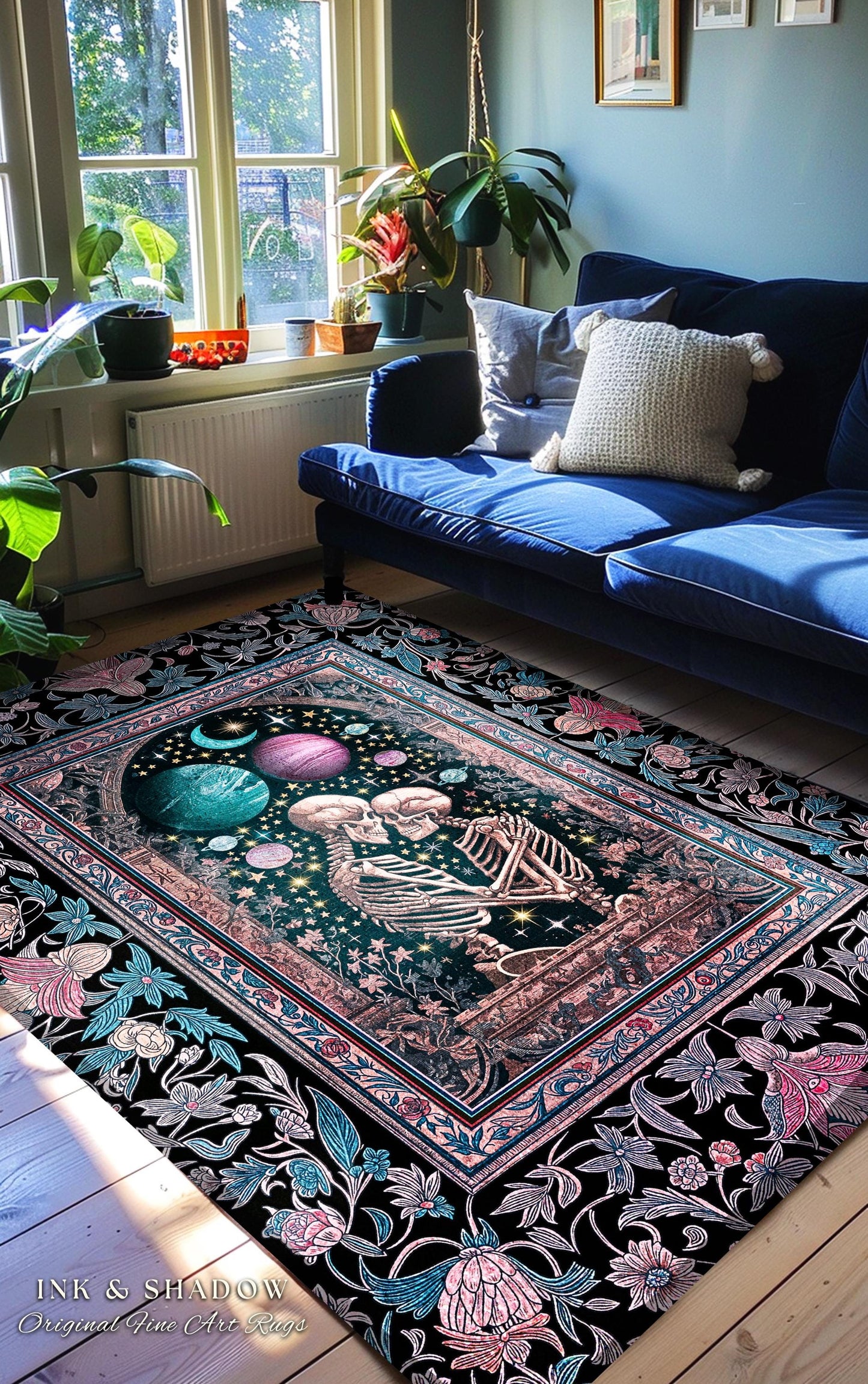Galaxy Aesthetic Skeleton Couple Area Rug | Ethereal Universe Maximalist Macabre Pastel Whimsical Fantasy Bedroom Accent Boho Celestial Sky