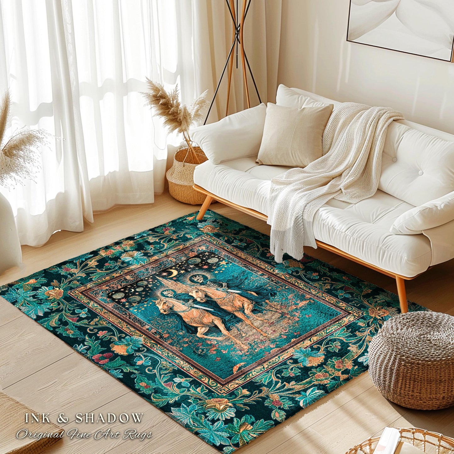 Night Riders Celestial Skeleton Area Rug | Haunted Horsemen Macabre Aesthetic Castle Witchy Tarot Bedroom Accent Ethereal Forest Dreamy Dorm