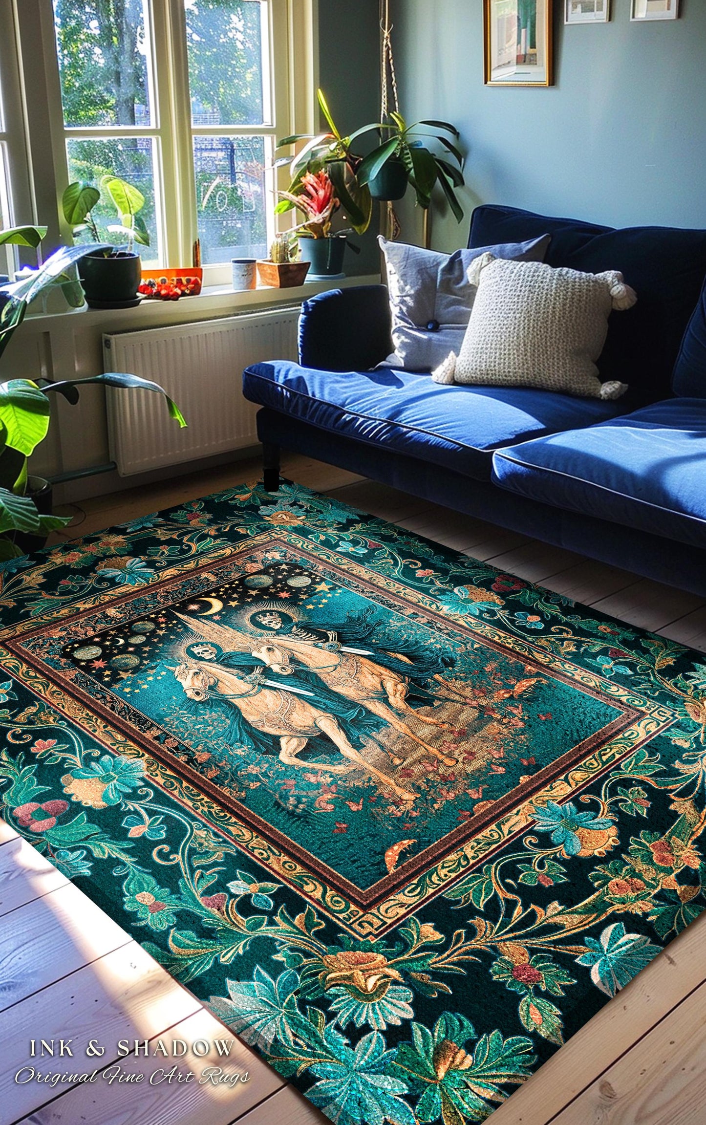 Night Riders Celestial Skeleton Area Rug | Haunted Horsemen Macabre Aesthetic Castle Witchy Tarot Bedroom Accent Ethereal Forest Dreamy Dorm