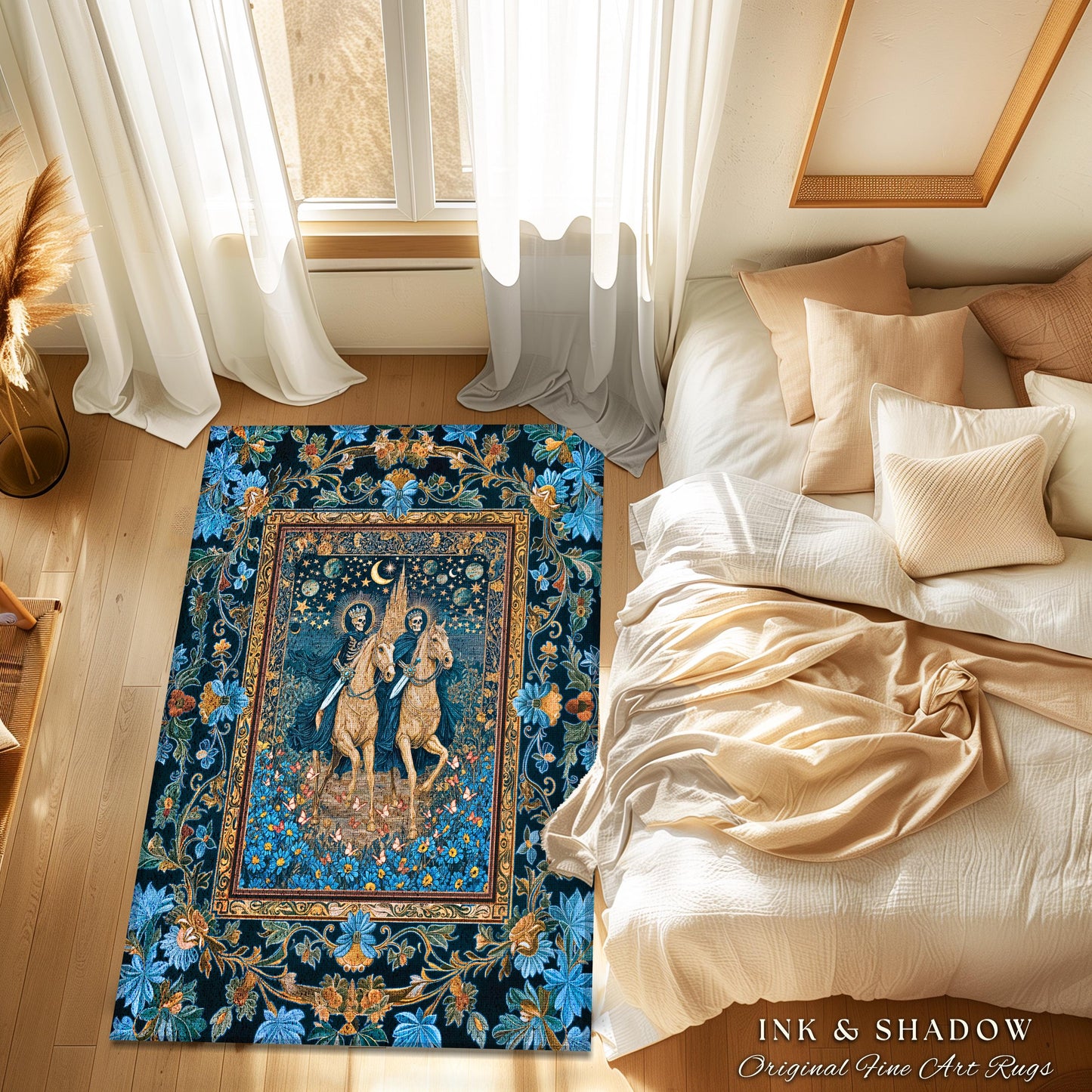 Baroque Ornate Skeleton Horsemen Area Rug | Dark Mystic Castle Whimsigothic Fantasy Bedroom Accent Spooky Couple Haunted Aesthetic Moody |