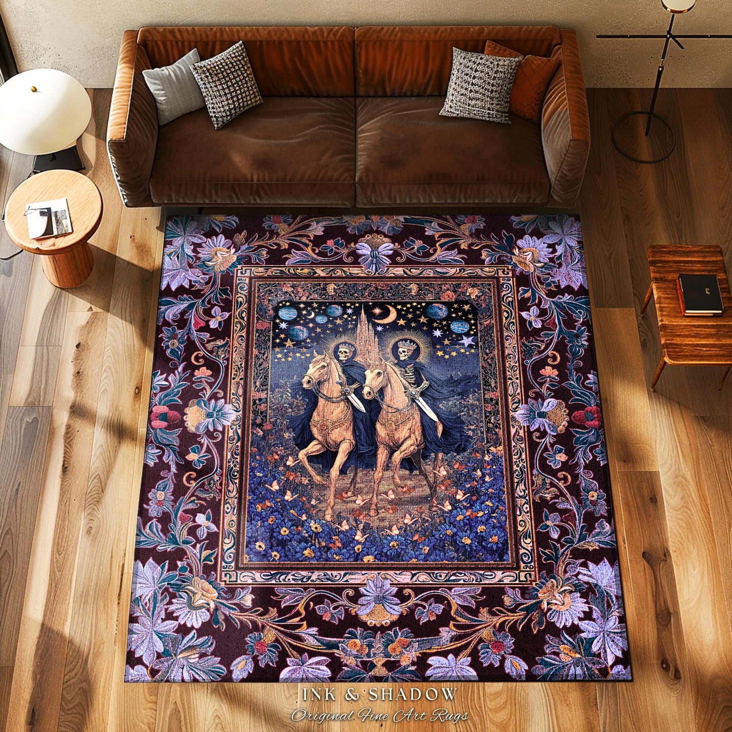 Victorian Gothic Pastel Skeletons Area Rug | Dark Academia Gothic Lavender Purple Castle Fantasy Bedroom Accent Ethereal Horsemen Haunted |
