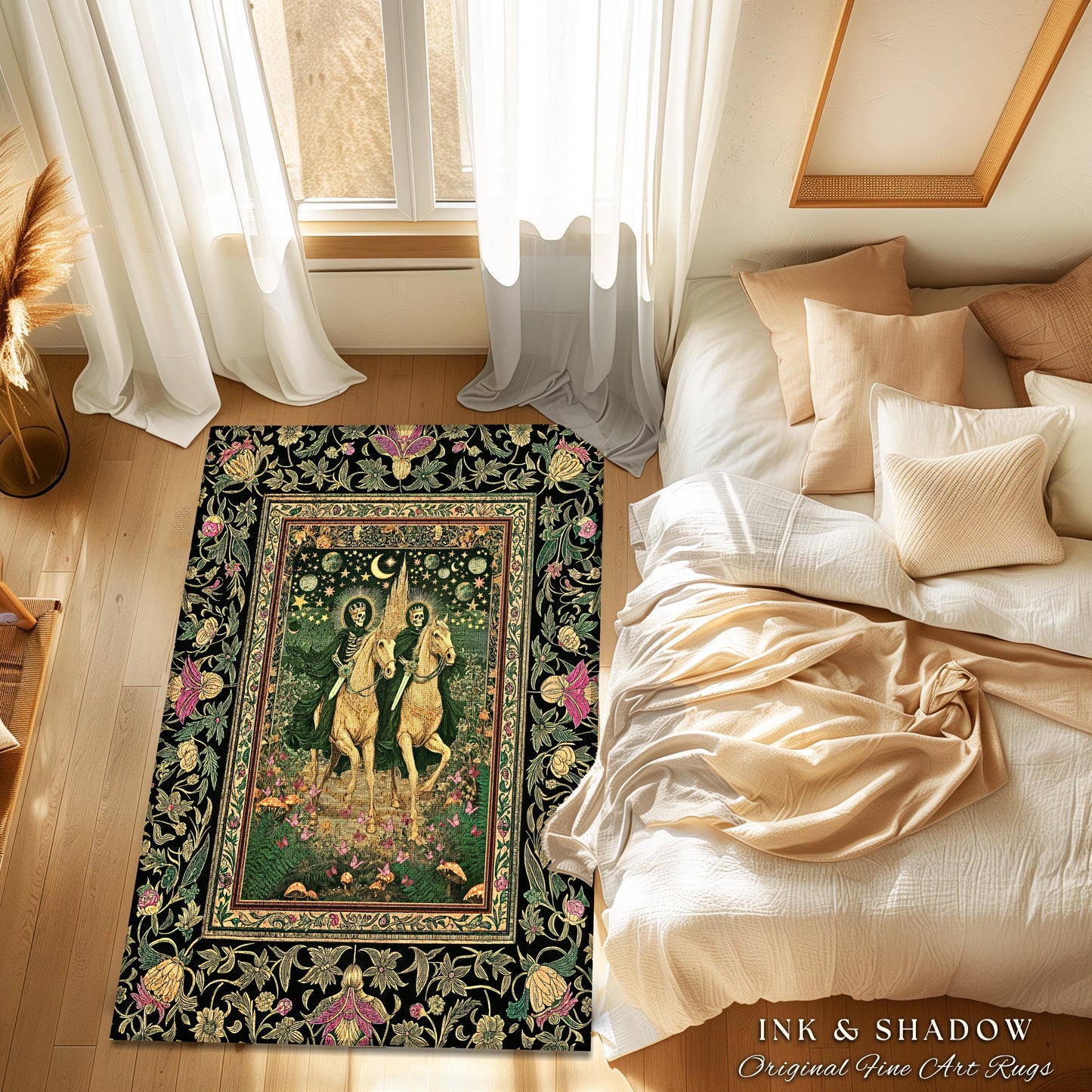 Royal Skeleton Riders Area Rug | Gothic Horsemen Crowned Skeleton Couple Baroque Fantasy Floral Greenery Celestial Whimsical Bedroom Accent
