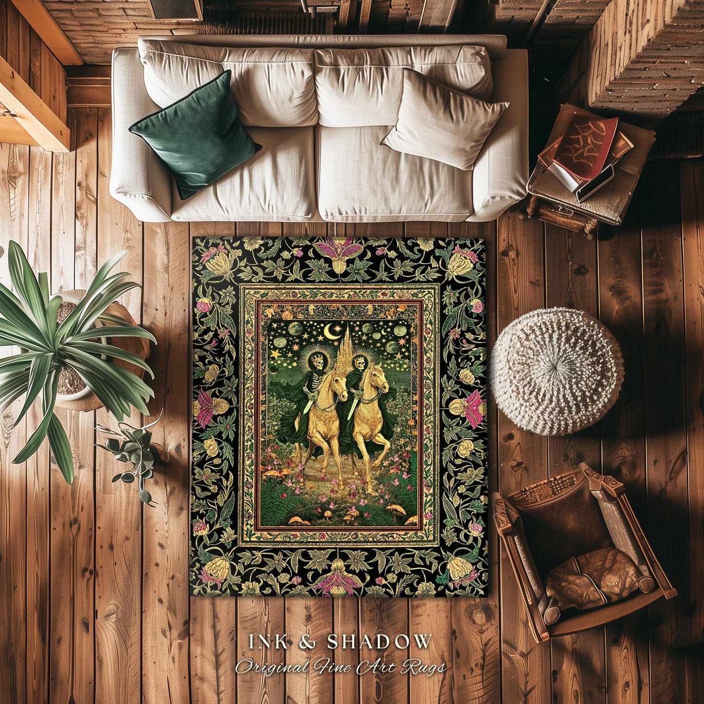 Royal Skeleton Riders Area Rug | Gothic Horsemen Crowned Skeleton Couple Baroque Fantasy Floral Greenery Celestial Whimsical Bedroom Accent