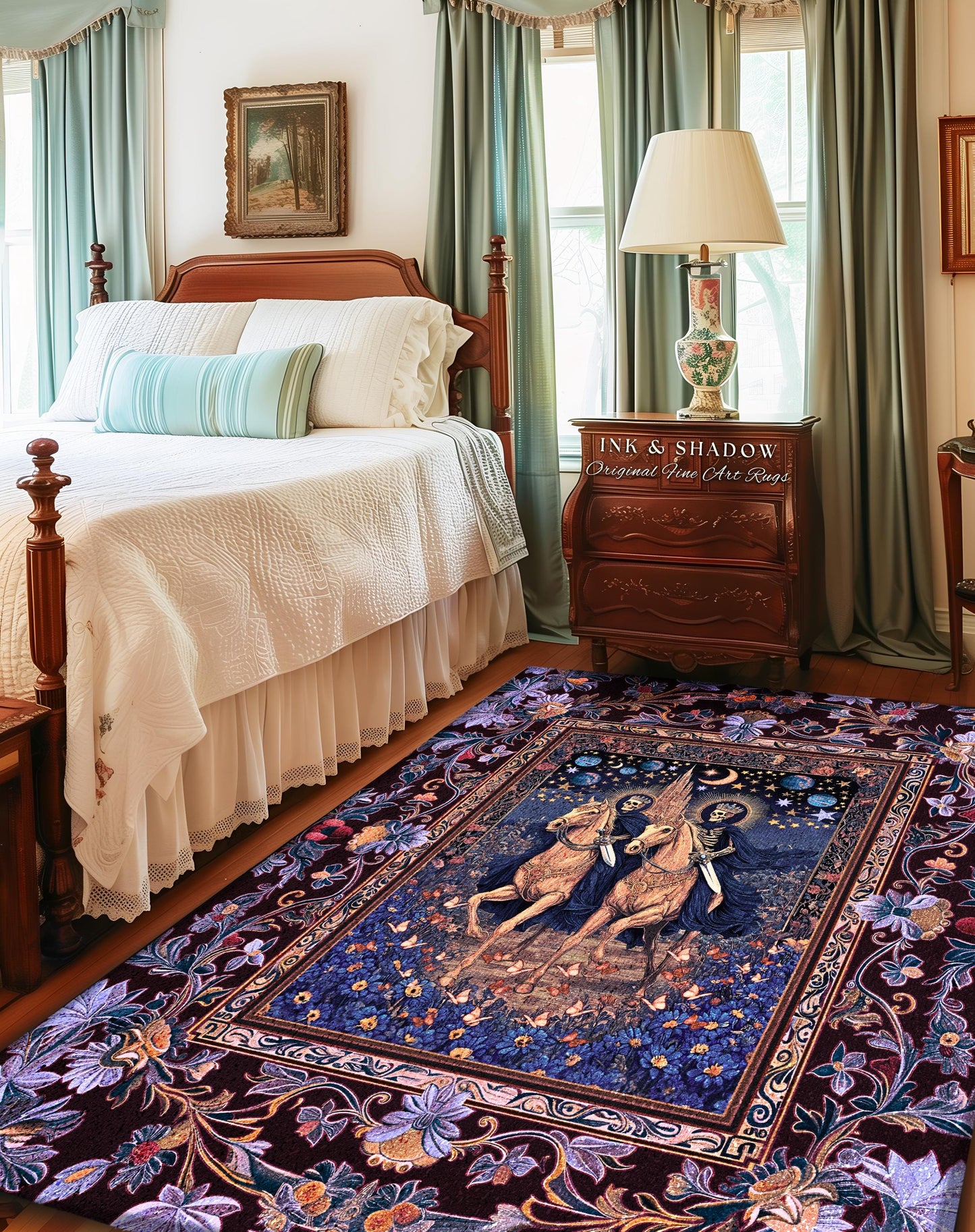 Victorian Gothic Pastel Skeletons Area Rug | Dark Academia Gothic Lavender Purple Castle Fantasy Bedroom Accent Ethereal Horsemen Haunted |