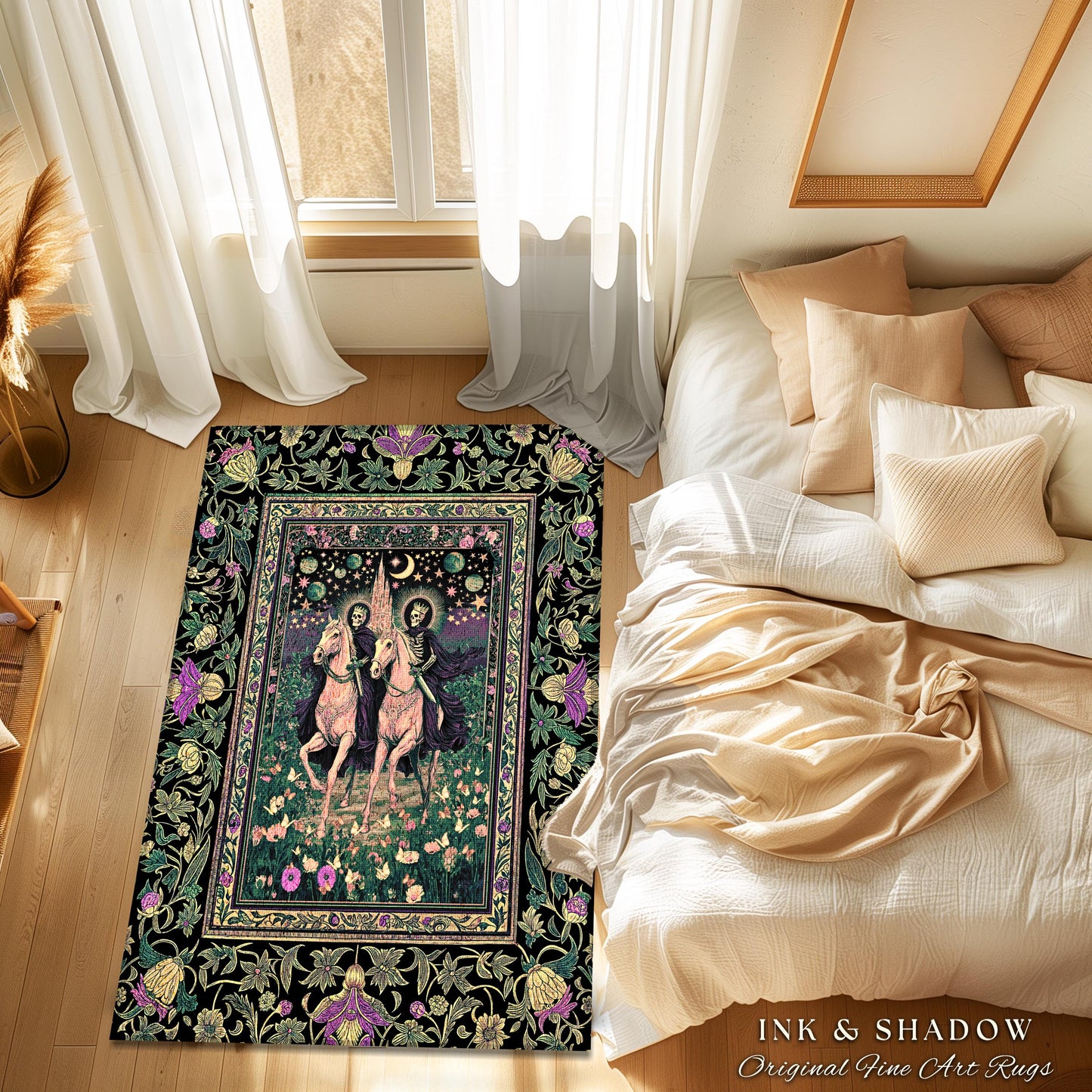 Floral Haunted Garden Skeleton Area Rug | Macabre Baroque Fantasy Aesthetic Gothic Horsemen Celestial Lovers Dark Fairytale Bedroom Accent |