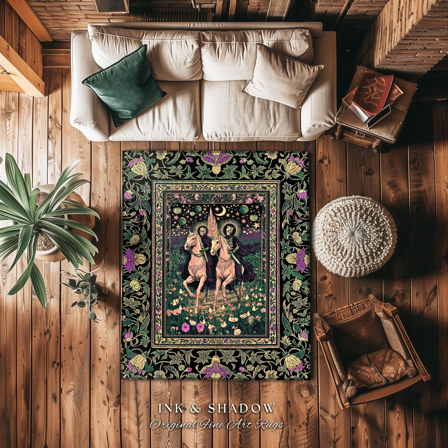 Floral Haunted Garden Skeleton Area Rug | Macabre Baroque Fantasy Aesthetic Gothic Horsemen Celestial Lovers Dark Fairytale Bedroom Accent |