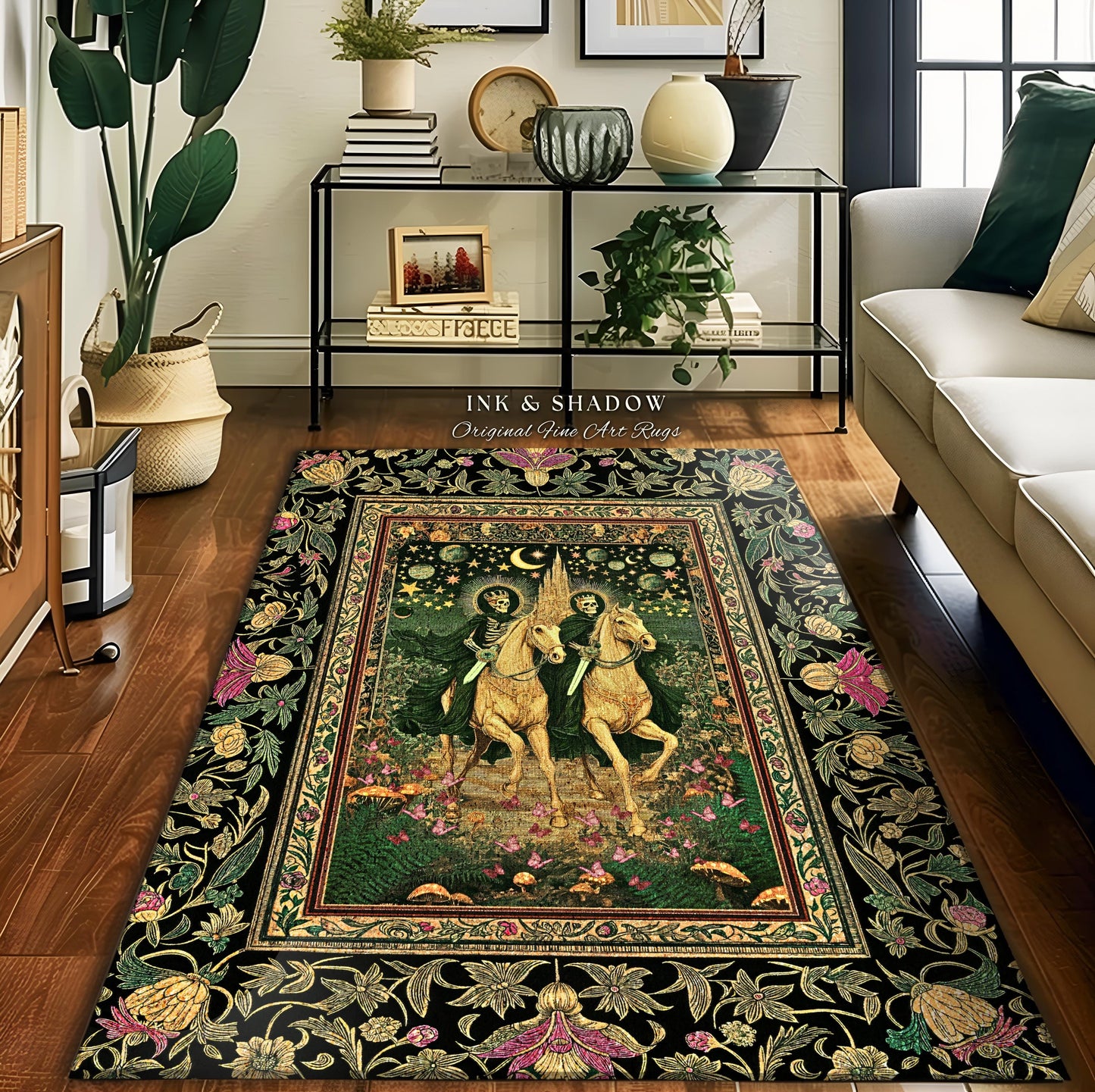 Royal Skeleton Riders Area Rug | Gothic Horsemen Crowned Skeleton Couple Baroque Fantasy Floral Greenery Celestial Whimsical Bedroom Accent