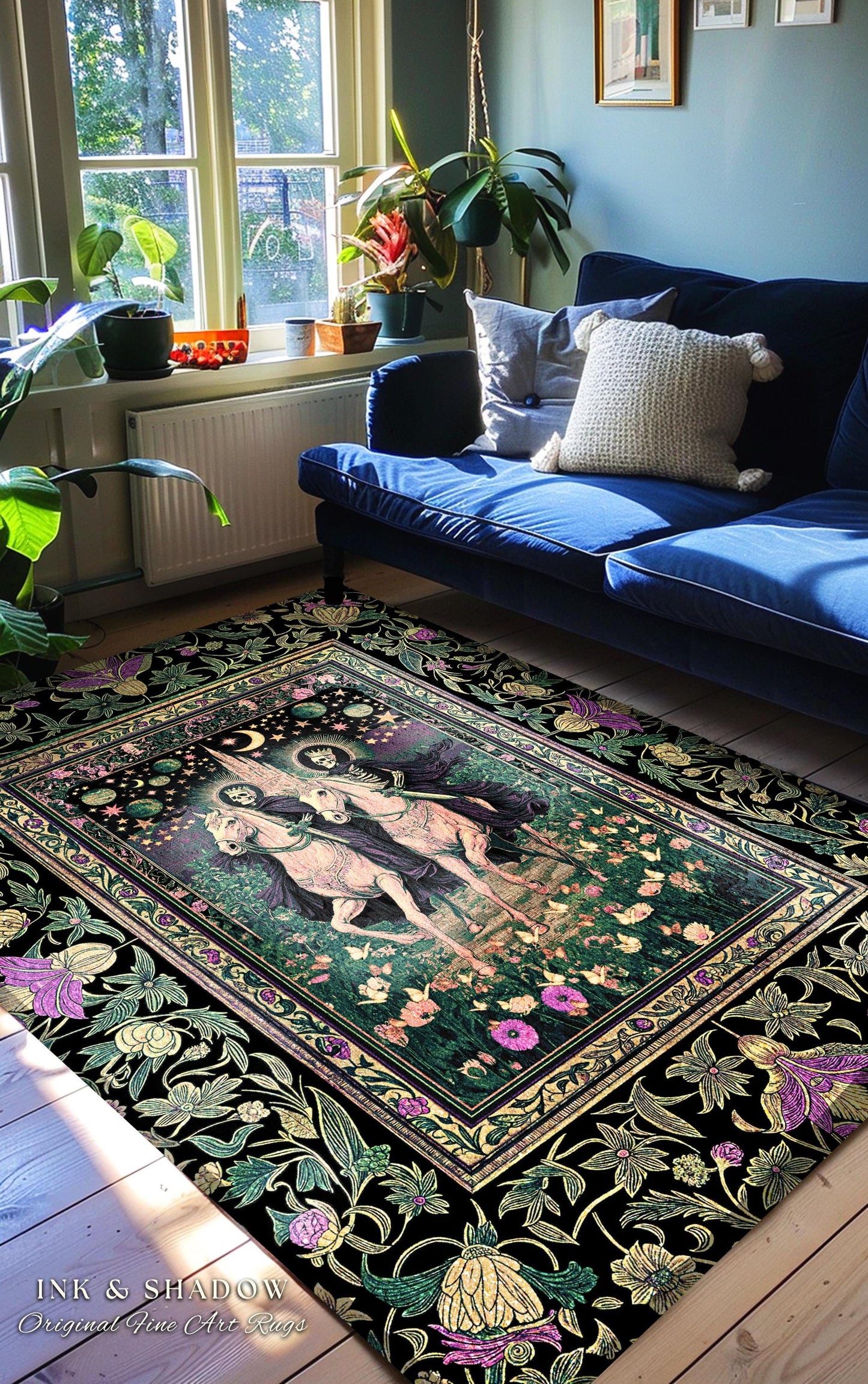 Floral Haunted Garden Skeleton Area Rug | Macabre Baroque Fantasy Aesthetic Gothic Horsemen Celestial Lovers Dark Fairytale Bedroom Accent |