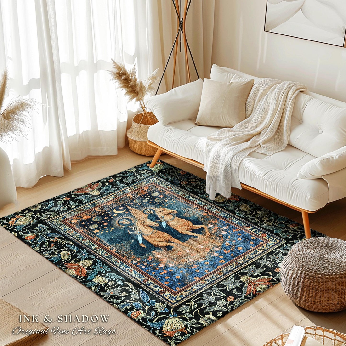 Dark Academia Skeleton Horsemen Rug | Baroque Bedroom Gothic Castle Macabre Floral Fantasy Aesthetic Celestial Moonlit Bedroom Accent Dreamy