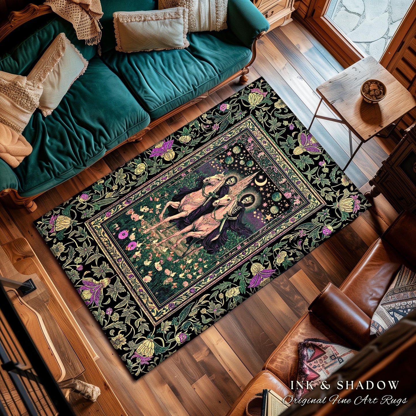 Floral Haunted Garden Skeleton Area Rug | Macabre Baroque Fantasy Aesthetic Gothic Horsemen Celestial Lovers Dark Fairytale Bedroom Accent |