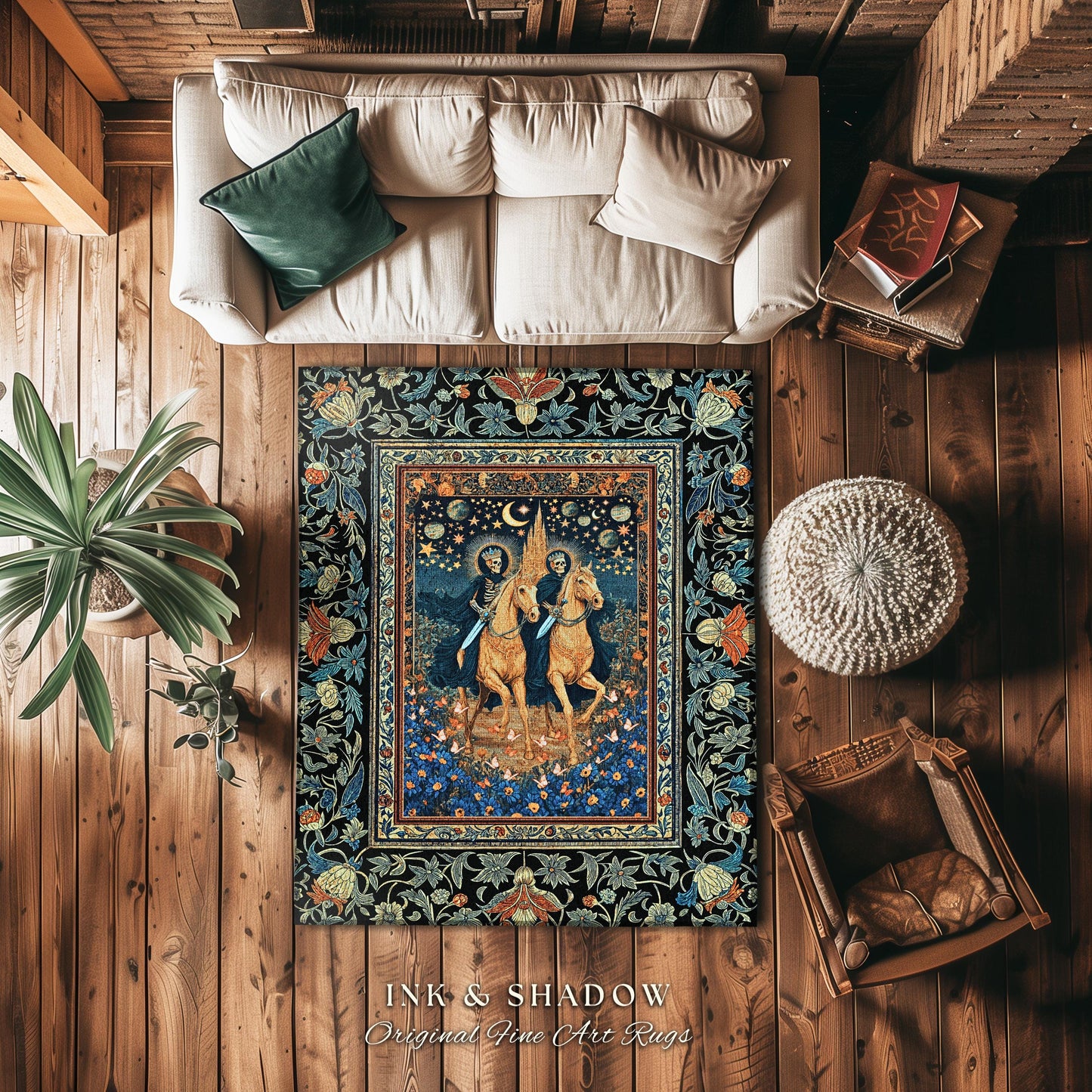 Dark Academia Skeleton Horsemen Rug | Baroque Bedroom Gothic Castle Macabre Floral Fantasy Aesthetic Celestial Moonlit Bedroom Accent Dreamy
