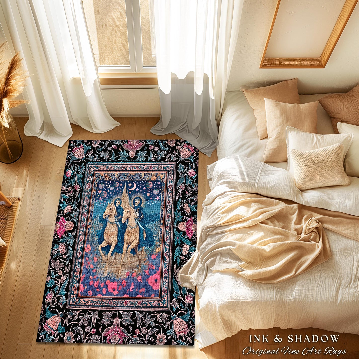 Poppy Field Skeleton Couple Area Rug | Floral Baroque Castle Aesthetic Celestial Horsemen Gothic Lovers Fantasy Bedroom Accent Mystic Decor