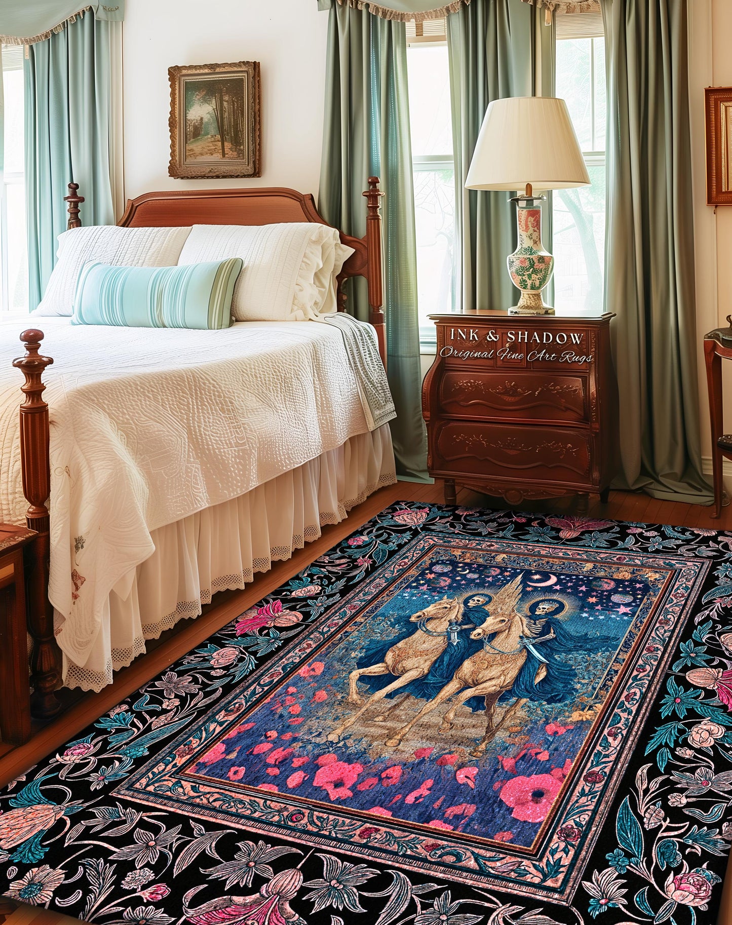 Poppy Field Skeleton Couple Area Rug | Floral Baroque Castle Aesthetic Celestial Horsemen Gothic Lovers Fantasy Bedroom Accent Mystic Decor