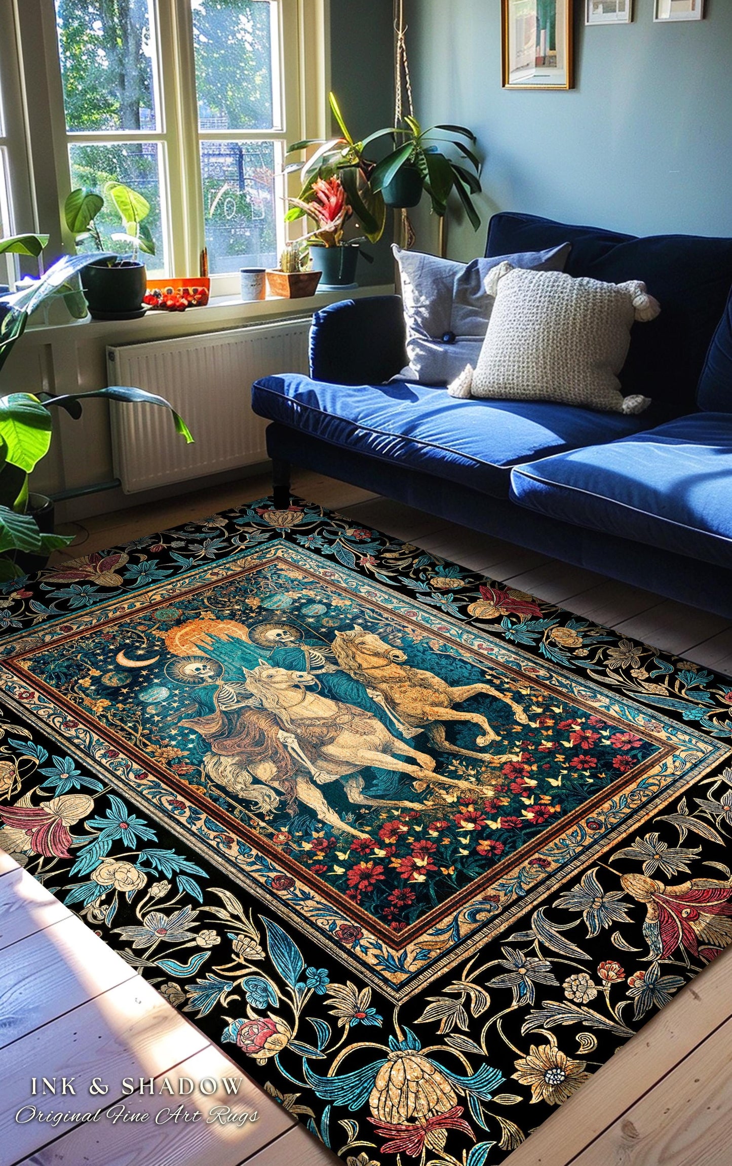 Golden Starlight Skeleton Accent Rug | Baroque Gothic Garden Castle Scene Celestial Horsemen Dreamy Floral Fantasy Macabre Couple Home Decor