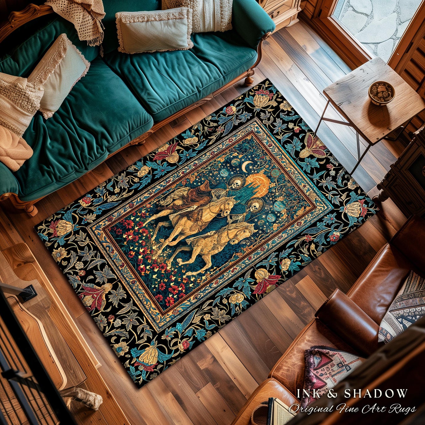 Golden Starlight Skeleton Accent Rug | Baroque Gothic Garden Castle Scene Celestial Horsemen Dreamy Floral Fantasy Macabre Couple Home Decor