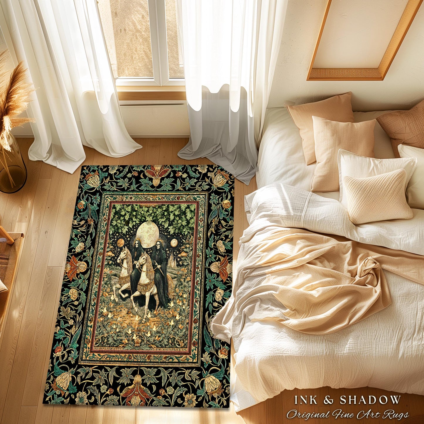 Haunted Ivy Gothic Skeleton Rug | Moonlit Horsemen Baroque Dark Academia Fantasy Aesthetic Celestial Lovers Macabre Dark Fairytale Decor |
