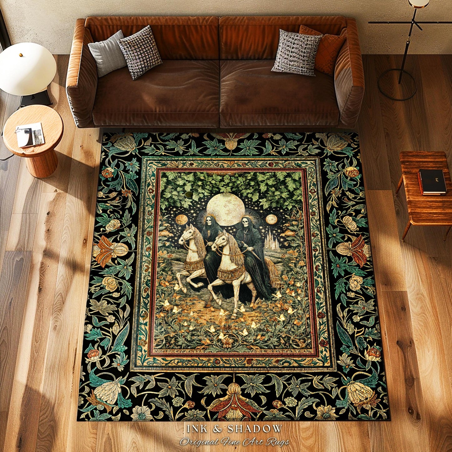 Haunted Ivy Gothic Skeleton Rug | Moonlit Horsemen Baroque Dark Academia Fantasy Aesthetic Celestial Lovers Macabre Dark Fairytale Decor |
