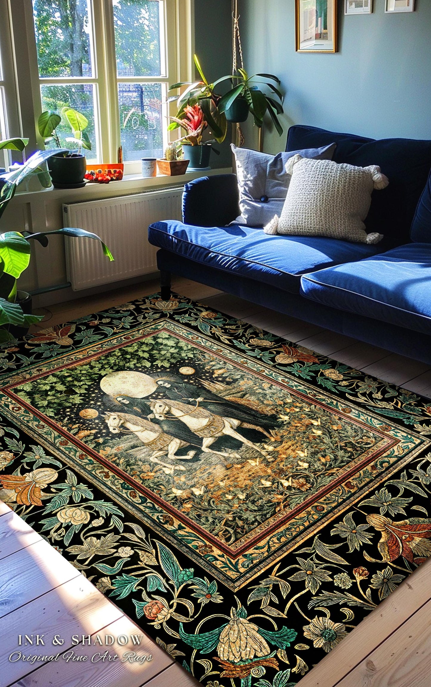 Haunted Ivy Gothic Skeleton Rug | Moonlit Horsemen Baroque Dark Academia Fantasy Aesthetic Celestial Lovers Macabre Dark Fairytale Decor |