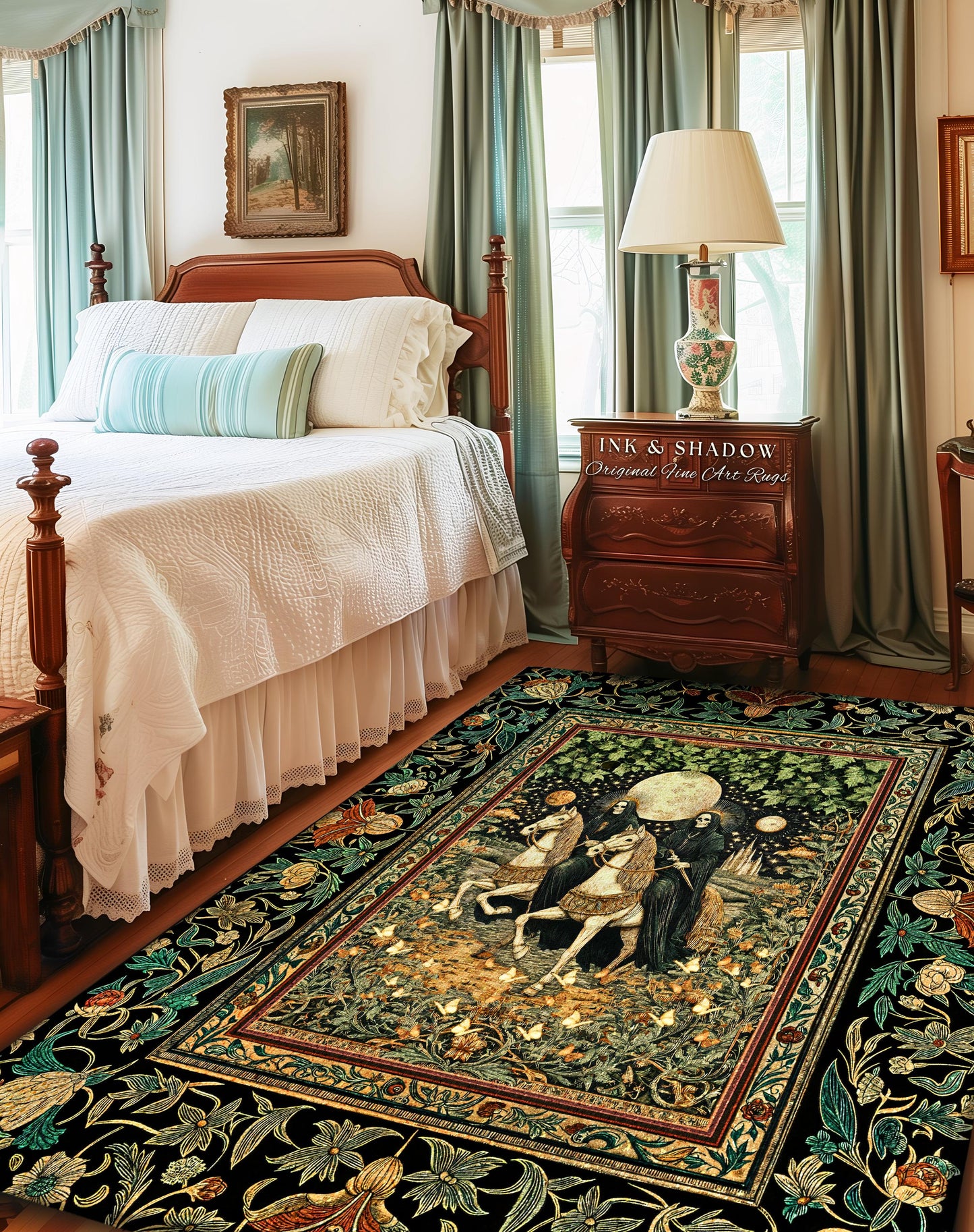 Haunted Ivy Gothic Skeleton Rug | Moonlit Horsemen Baroque Dark Academia Fantasy Aesthetic Celestial Lovers Macabre Dark Fairytale Decor |