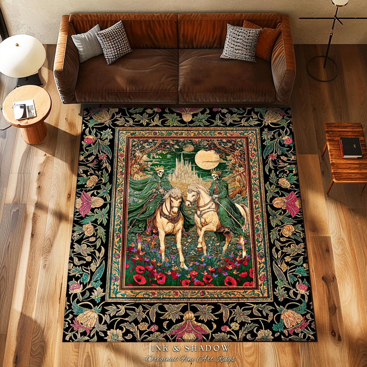 Skeleton King & Queen Floral Forest Rug | Royal Lovers Gothic Couple Baroque Fantasy Garden Macabre Accent Bedroom Decor Castlecore Design |