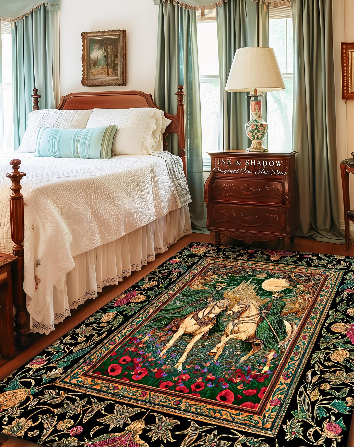 Skeleton King & Queen Floral Forest Rug | Royal Lovers Gothic Couple Baroque Fantasy Garden Macabre Accent Bedroom Decor Castlecore Design |