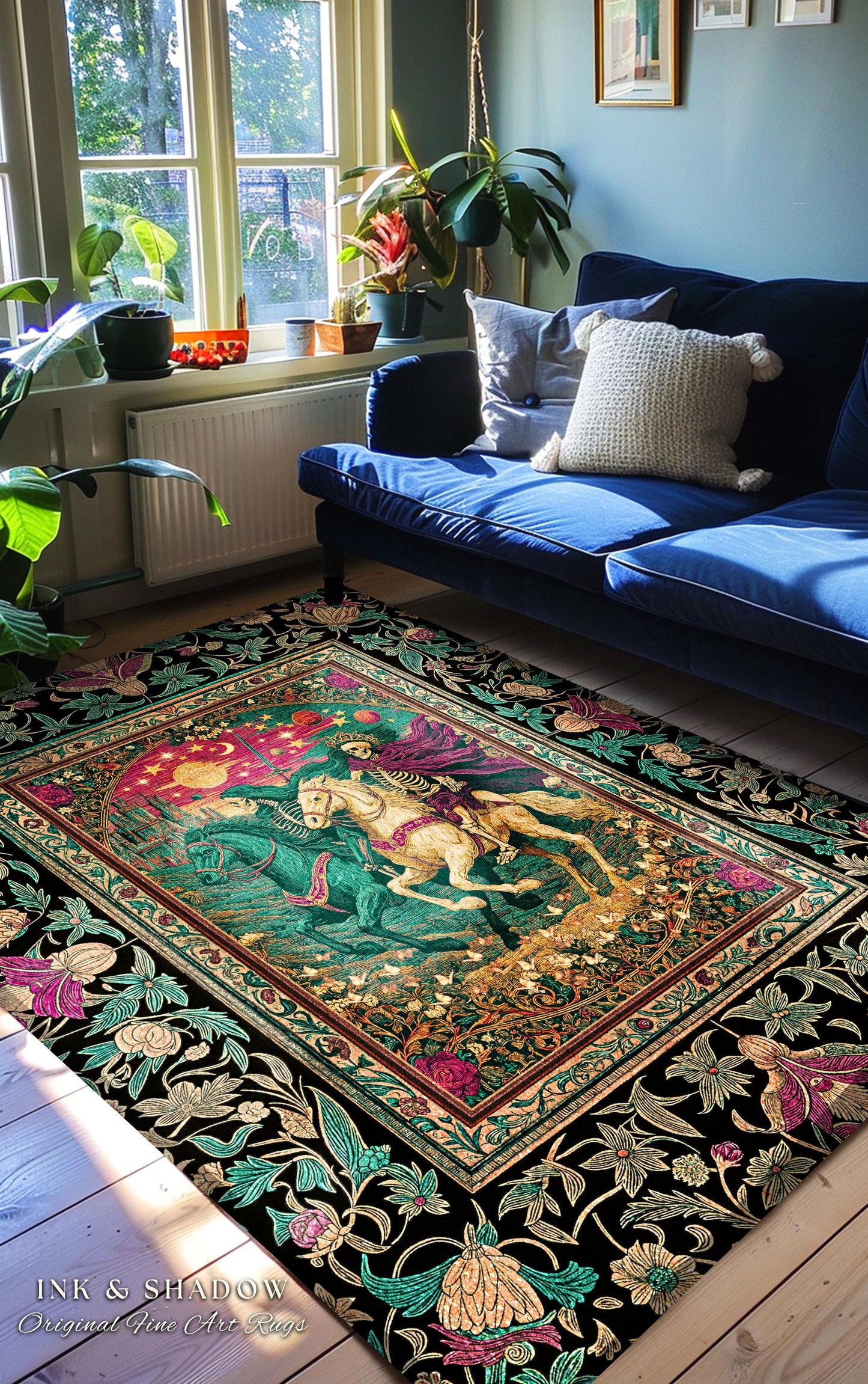 Magic Whimsical Skeleton Horsemen Rug | Gothic Celestial Landscape Castlecore Royal Couple Fantasy Baroque Bedroom Accent Rug Macabre Dreamy