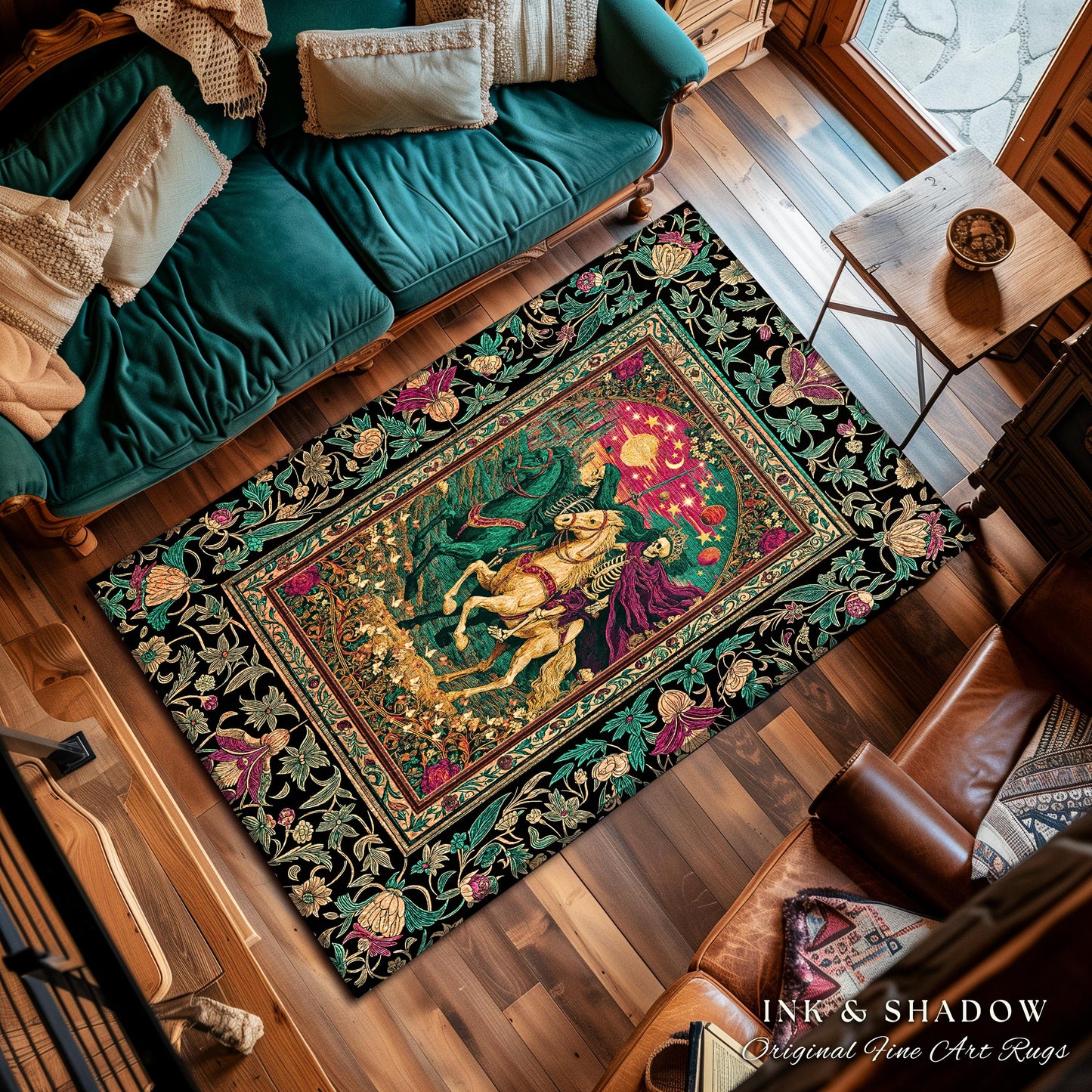 Magic Whimsical Skeleton Horsemen Rug | Gothic Celestial Landscape Castlecore Royal Couple Fantasy Baroque Bedroom Accent Rug Macabre Dreamy