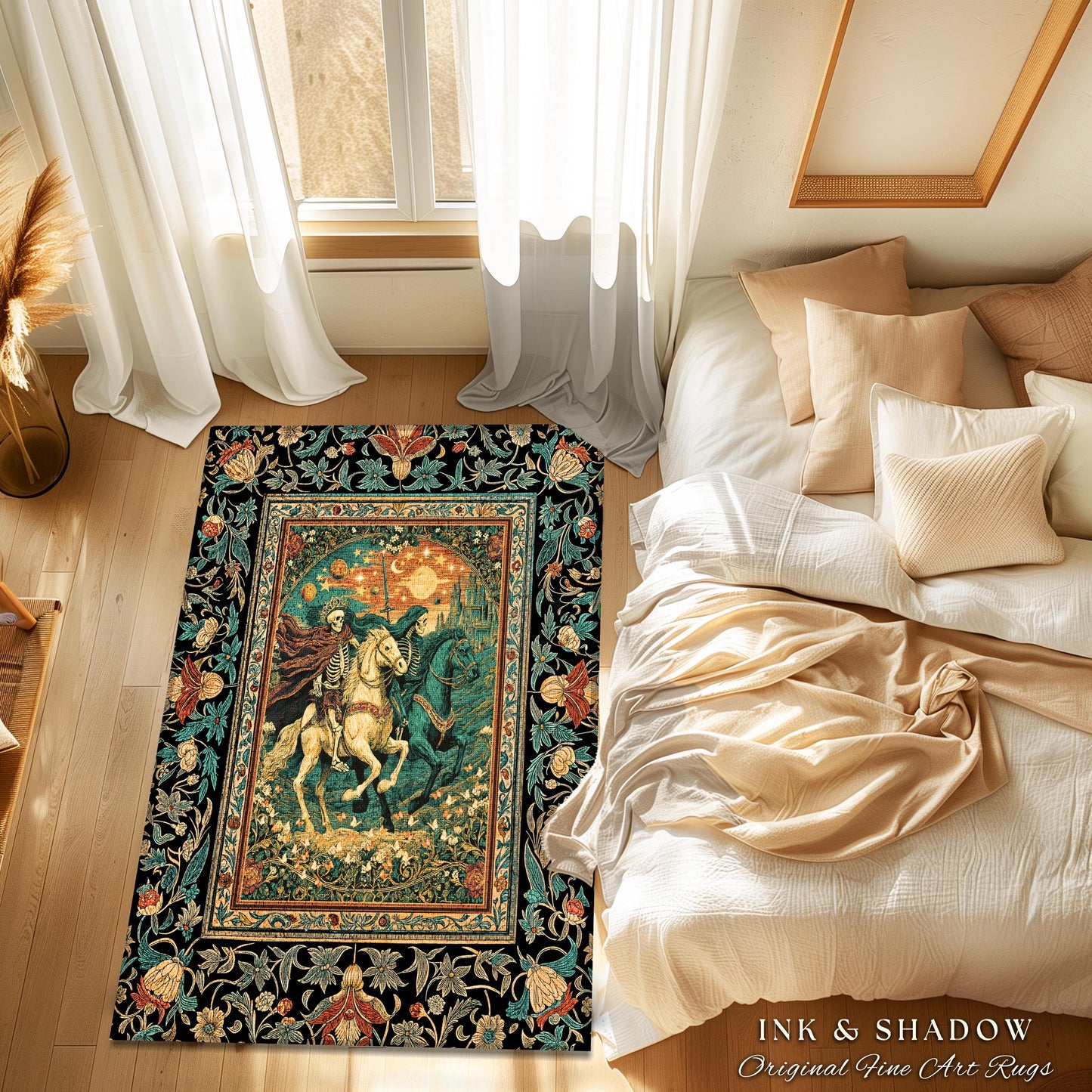 Fantasy Aesthetic Skeleton Riders Rug | Haunted Horsemen Royal Celestial Golden Maximalist Baroque Macabre Bedroom Accent Whimsigothic Dorm