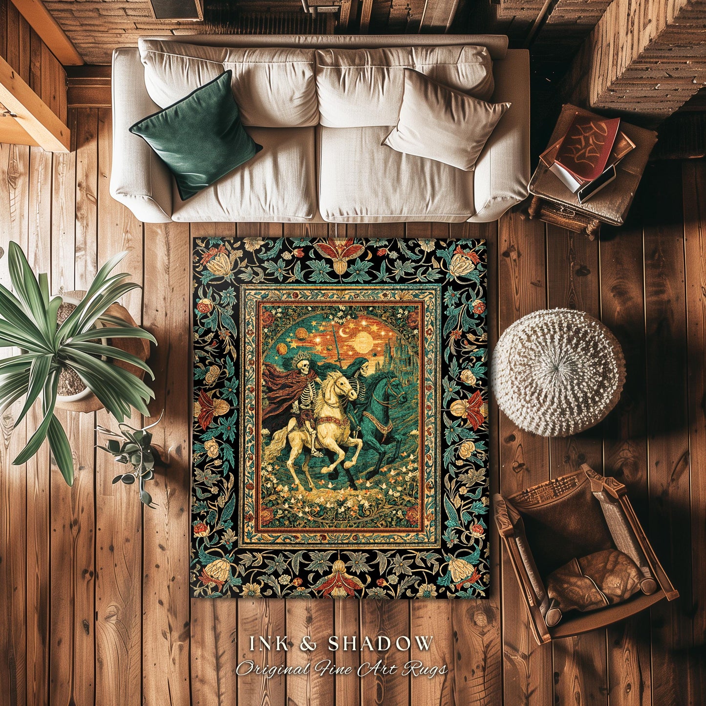 Fantasy Aesthetic Skeleton Riders Rug | Haunted Horsemen Royal Celestial Golden Maximalist Baroque Macabre Bedroom Accent Whimsigothic Dorm