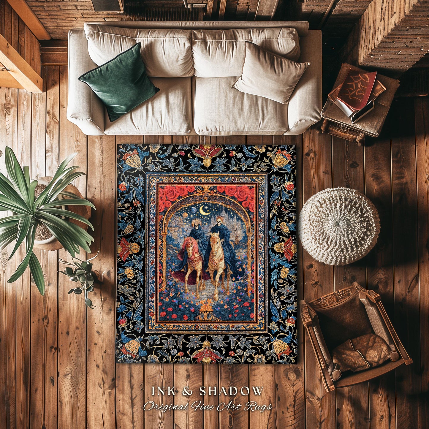 Rose Archway Horseback Skeletons Area Rug | Celestial Moonlit Gothic Romance Moonlight Baroque Floral Couple Regal Bedroom Accent Whimsical