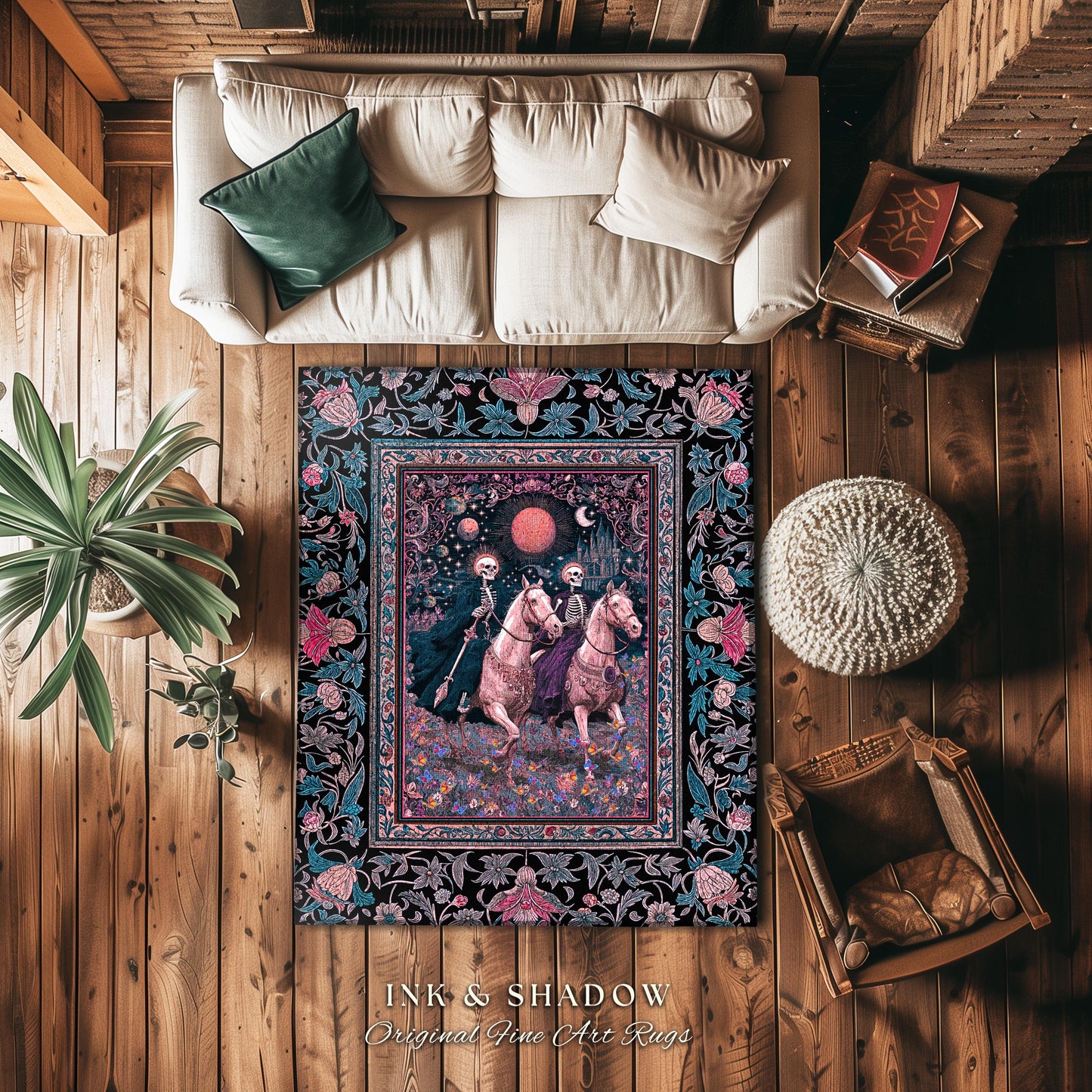 Dreamy Gothic Pastel Skeleton Rug | Celestial Horseman Baroque Fairytale Fantasy Whimsical Macabre Floral Bedroom Accent Mystic Home Decor |