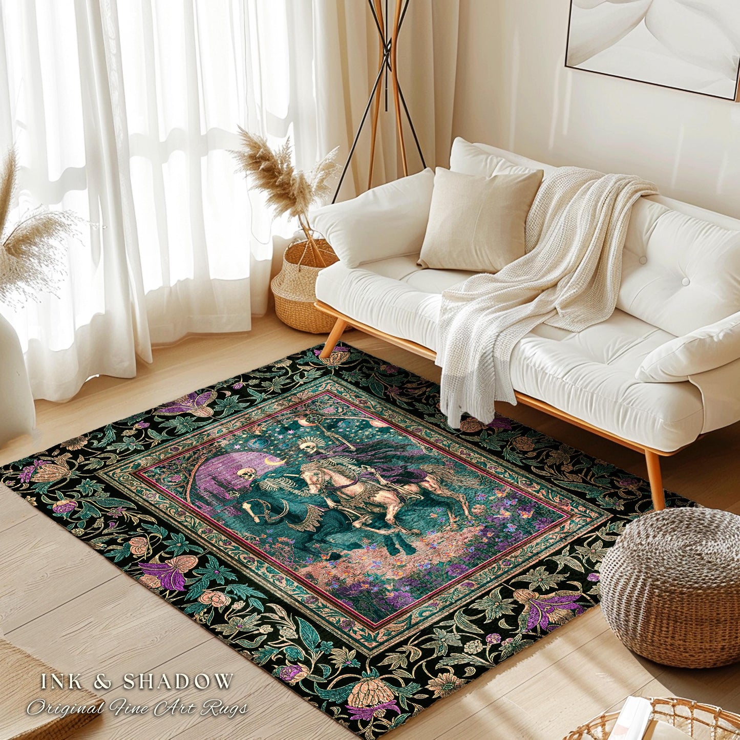 Moody Purple Moonlight Skeleton Rug | Enchanted Fairytale Scene Baroque Romance Celestial Castle Gothic Bedroom Accent Pastel Floral Decor