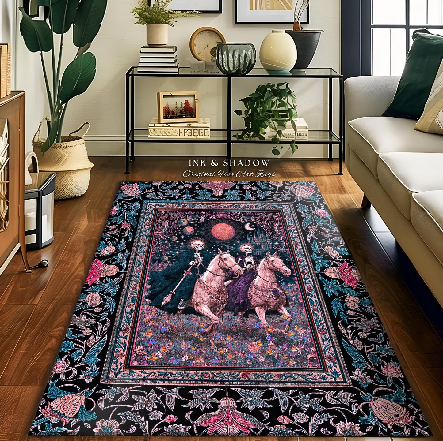 Dreamy Gothic Pastel Skeleton Rug | Celestial Horseman Baroque Fairytale Fantasy Whimsical Macabre Floral Bedroom Accent Mystic Home Decor |