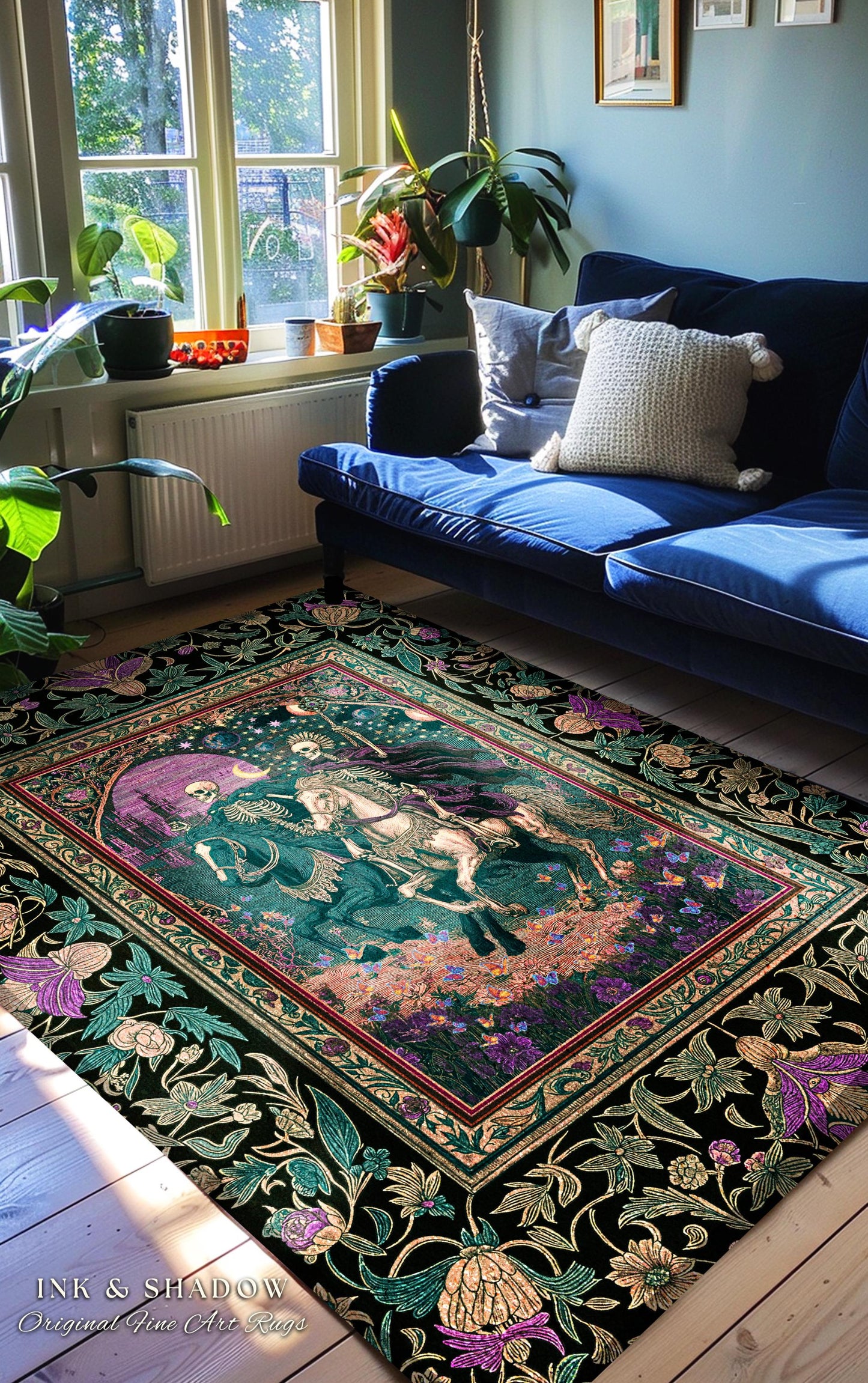 Moody Purple Moonlight Skeleton Rug | Enchanted Fairytale Scene Baroque Romance Celestial Castle Gothic Bedroom Accent Pastel Floral Decor