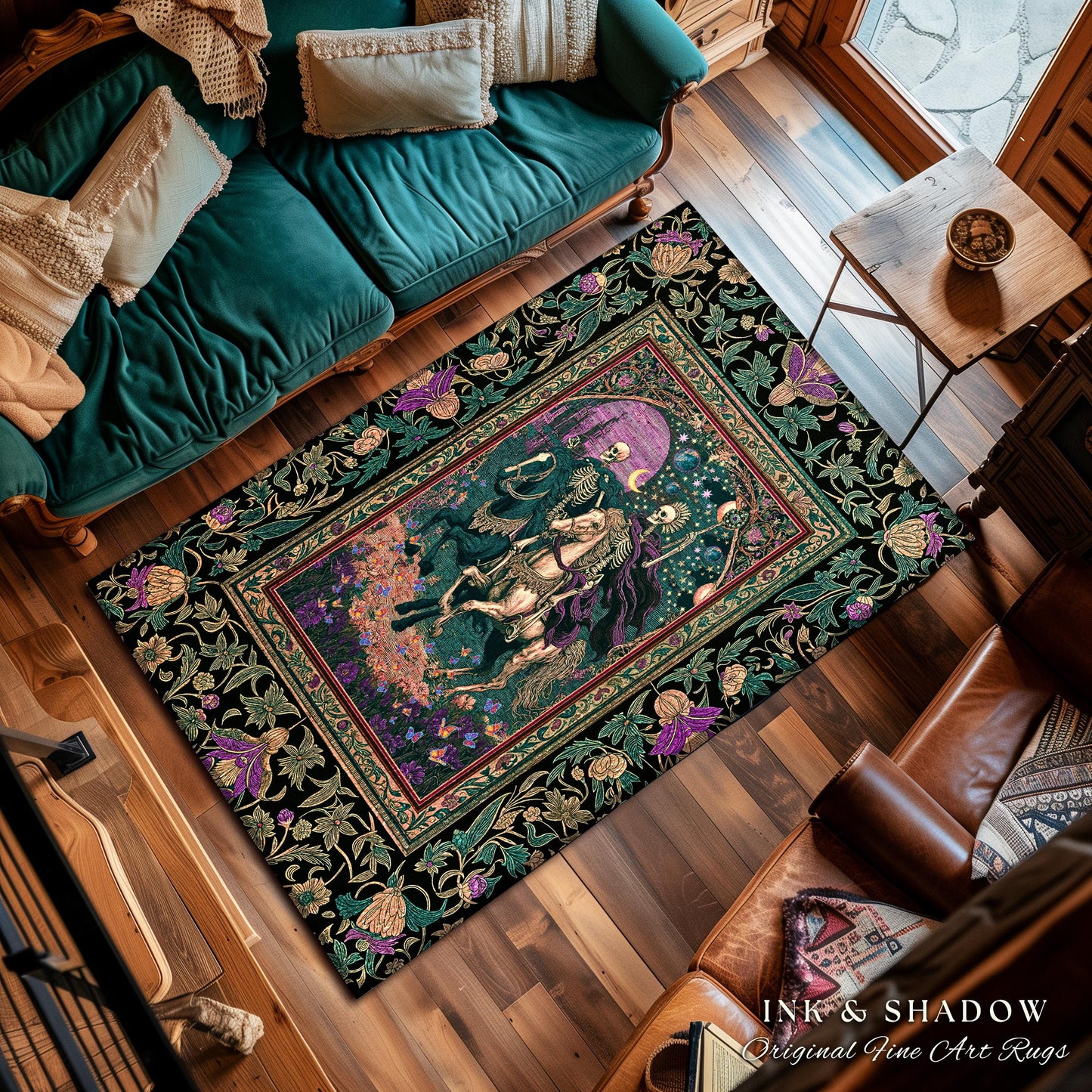 Moody Purple Moonlight Skeleton Rug | Enchanted Fairytale Scene Baroque Romance Celestial Castle Gothic Bedroom Accent Pastel Floral Decor