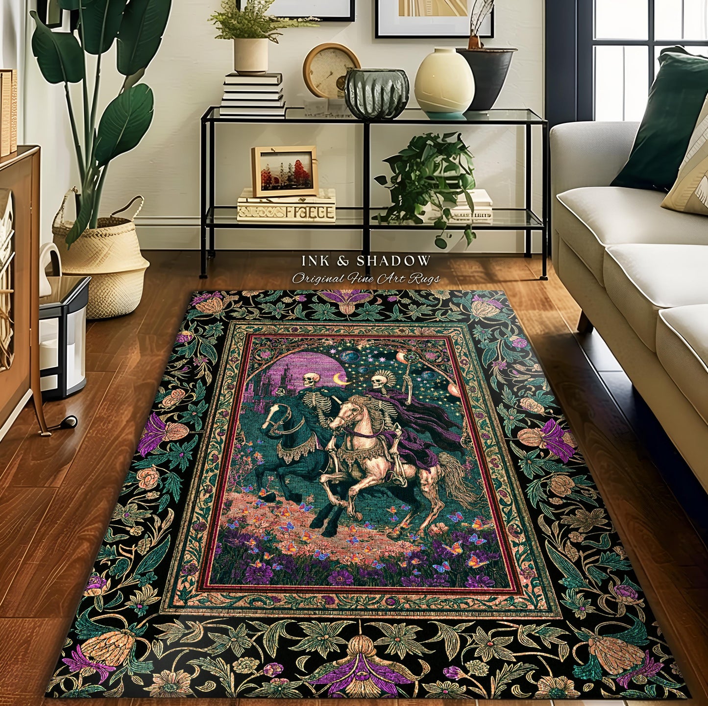 Moody Purple Moonlight Skeleton Rug | Enchanted Fairytale Scene Baroque Romance Celestial Castle Gothic Bedroom Accent Pastel Floral Decor