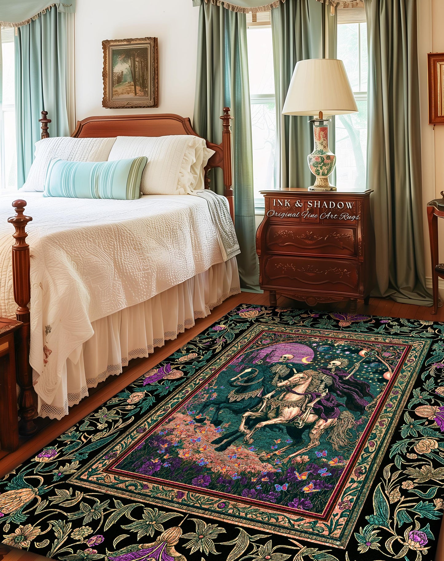 Moody Purple Moonlight Skeleton Rug | Enchanted Fairytale Scene Baroque Romance Celestial Castle Gothic Bedroom Accent Pastel Floral Decor