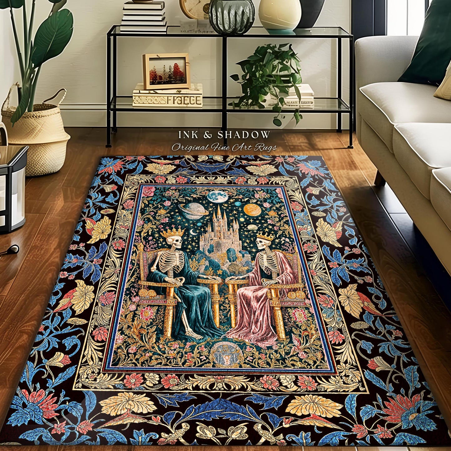 Moody Baroque Skeleton Royals Rug | Celestial Castle Gothic Ethereal Pastel Bedroom Magic Decor Whimsical Fantasy Lovers Mystical Accent |