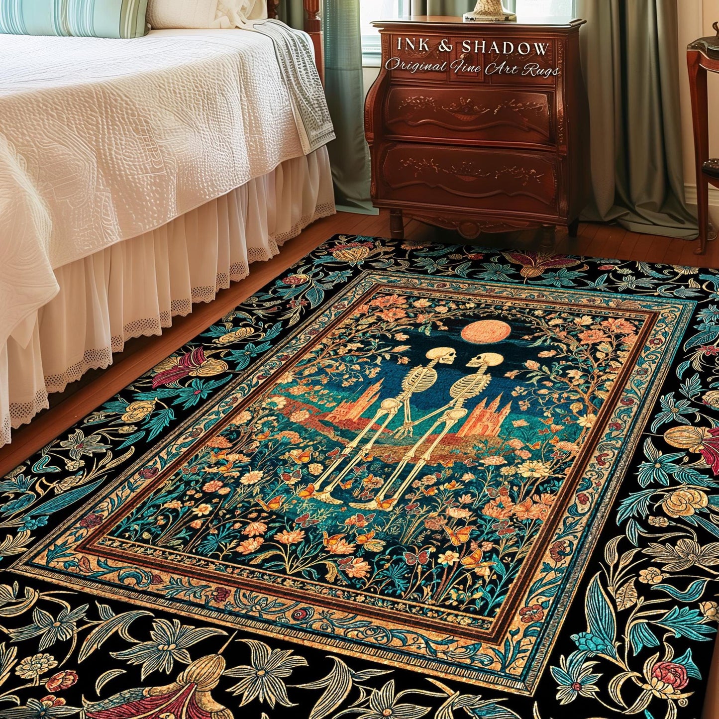 Folk Art Skeleton Lovers Floral Rug | Cottagecore Witchy Aesthetic Moon Fairytale Wildflower Romantic Gothic Castle Fantasy Bedroom Accent |